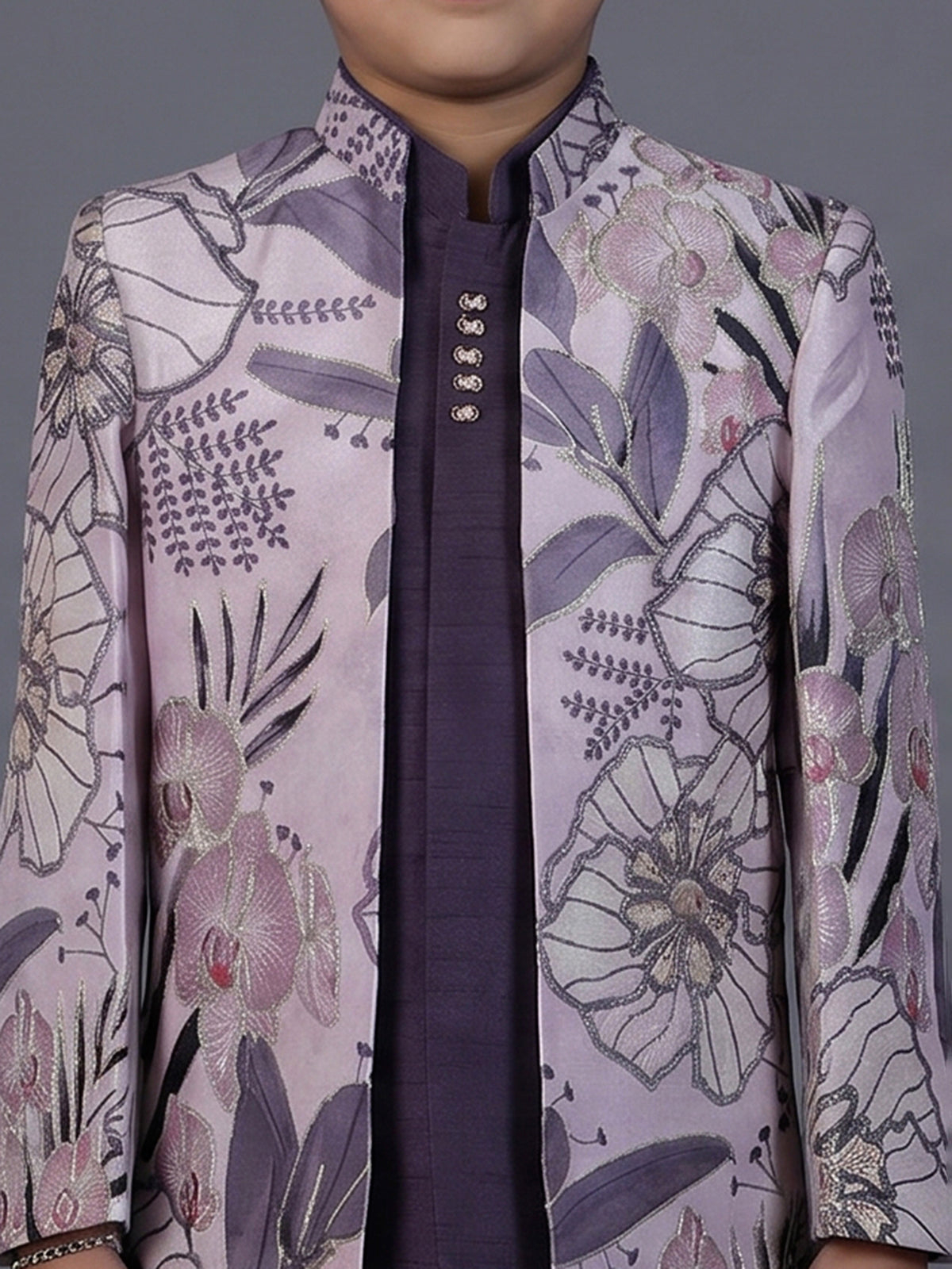 Purple raw silk embroidered boys indowestern suit set