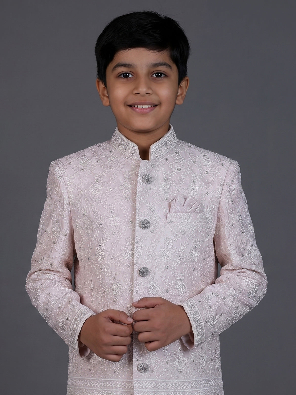 Light pink silk embroidered boys indowestern suit set