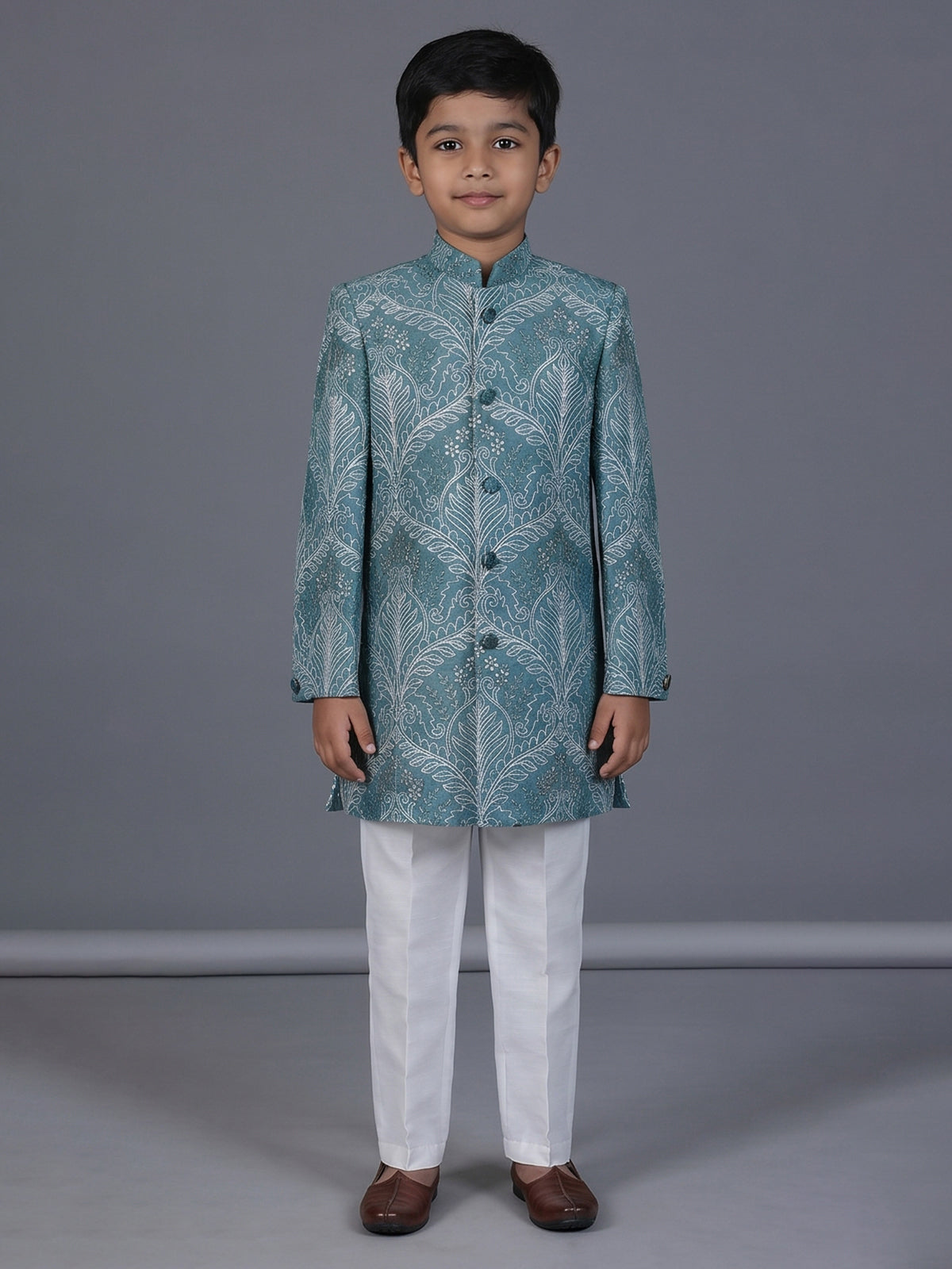 Sea green silk blend indowestern suit for boys