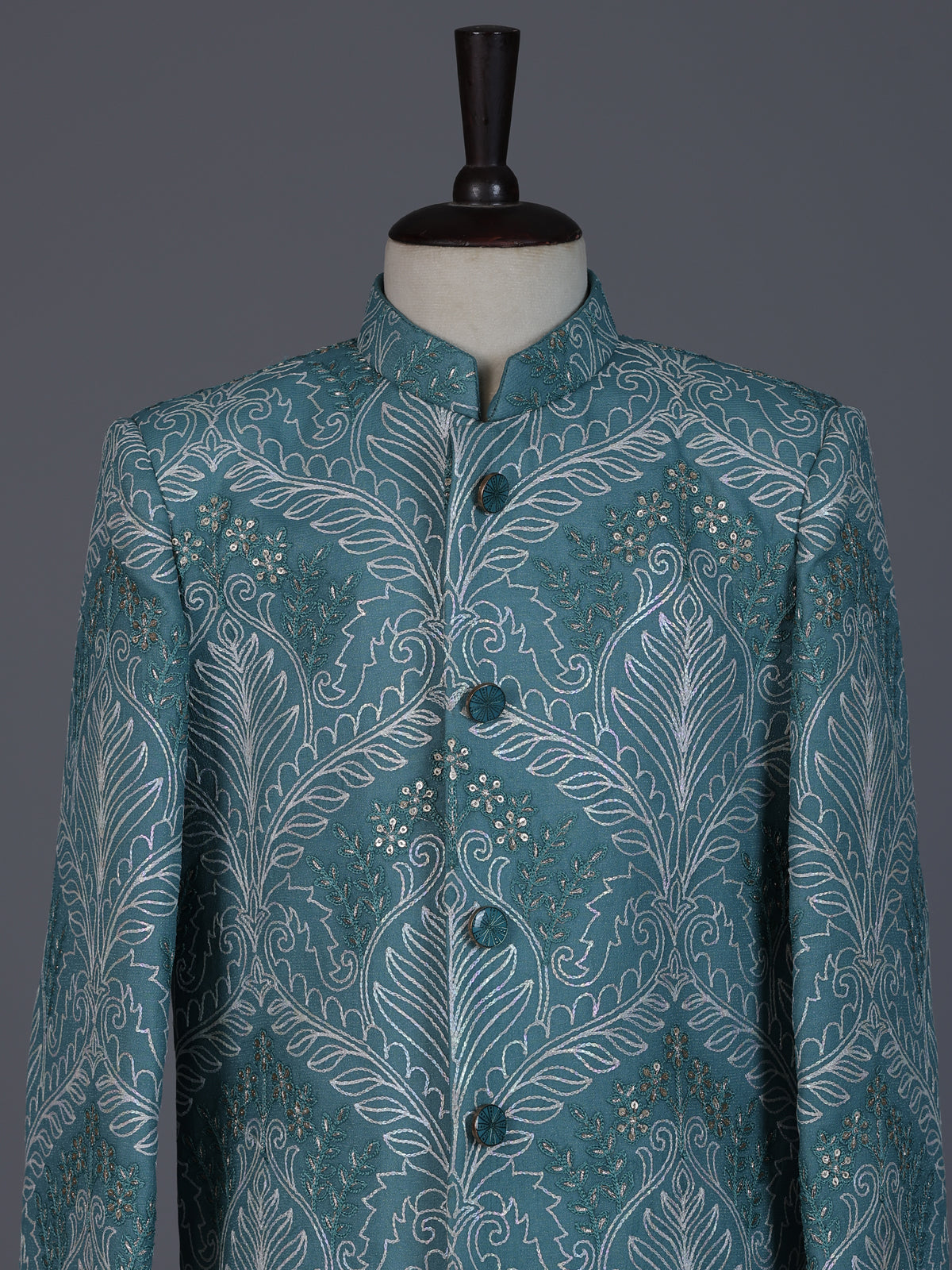 Sea green silk blend indowestern suit for boys