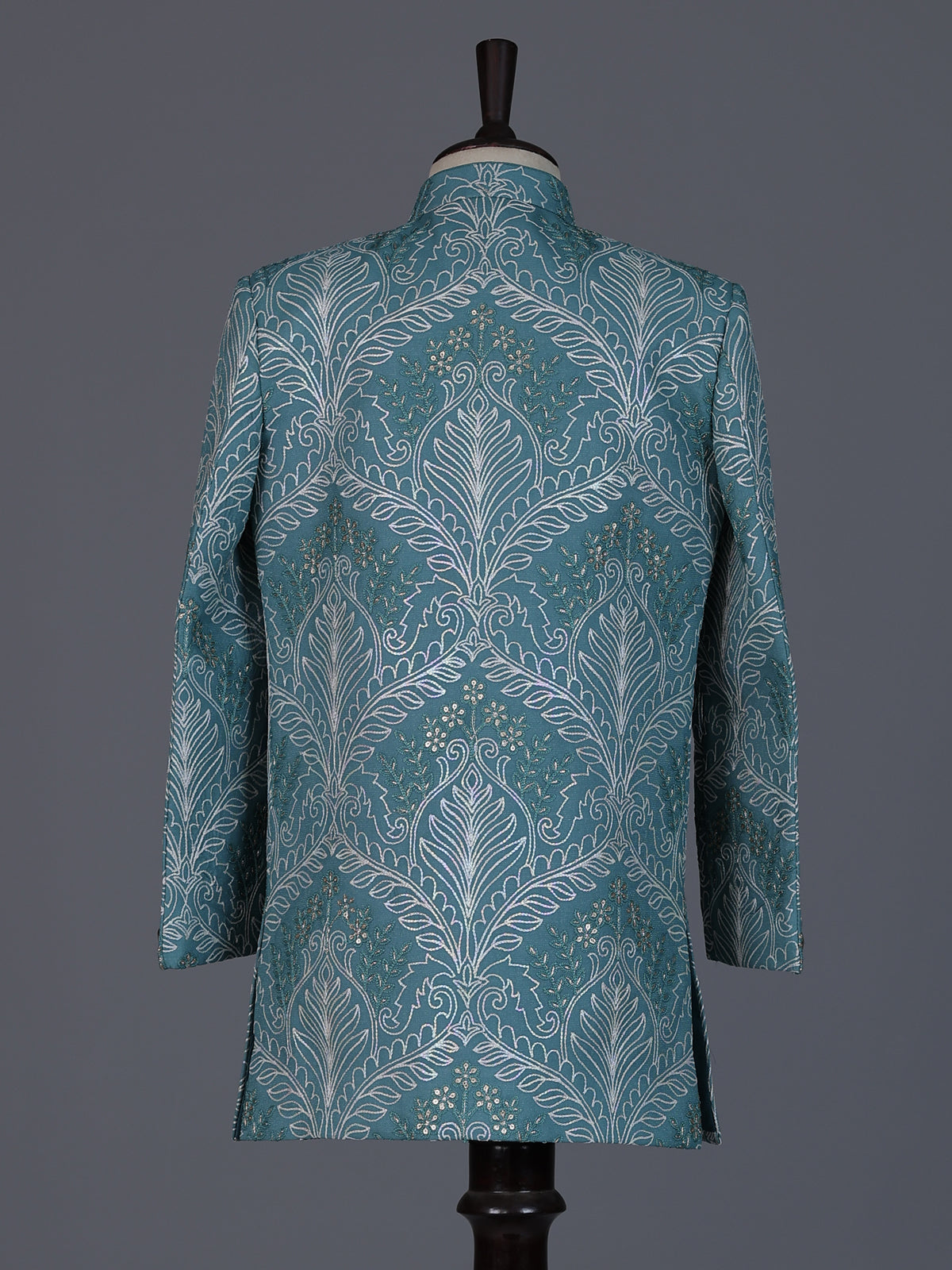 Sea green silk blend indowestern suit for boys