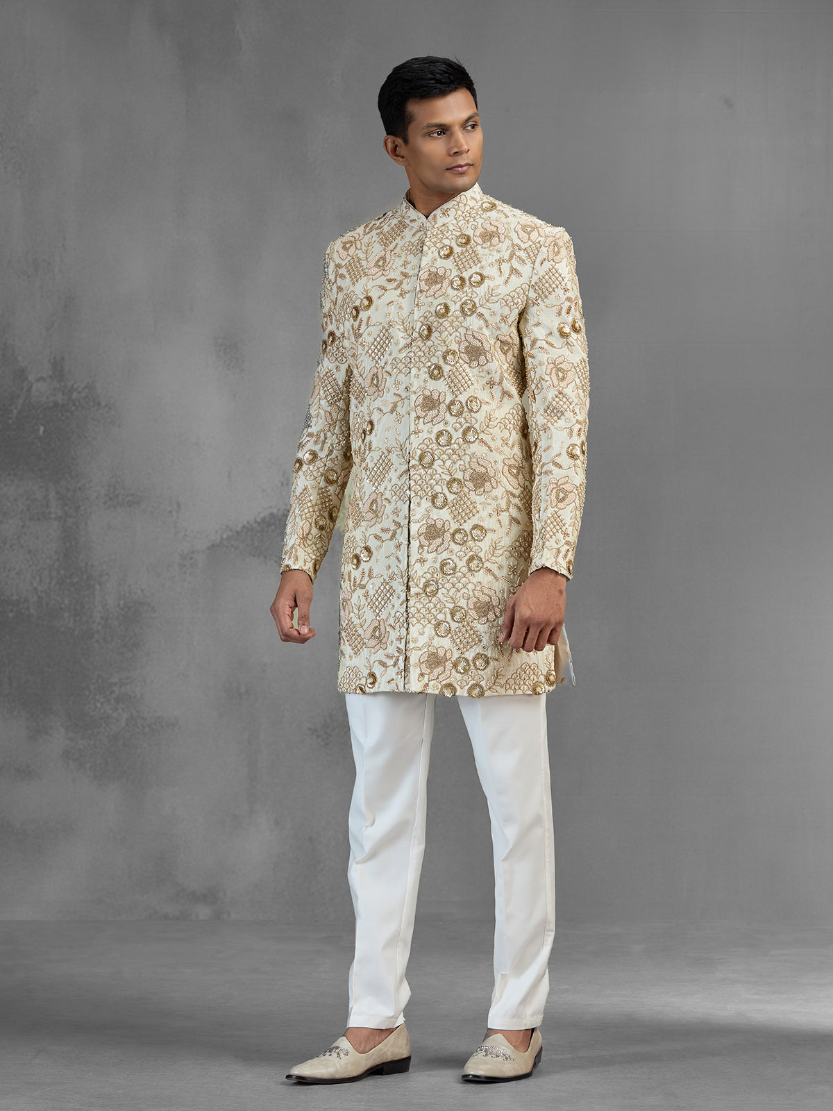 Regal gold raw silk indo western with zardosi detailing
