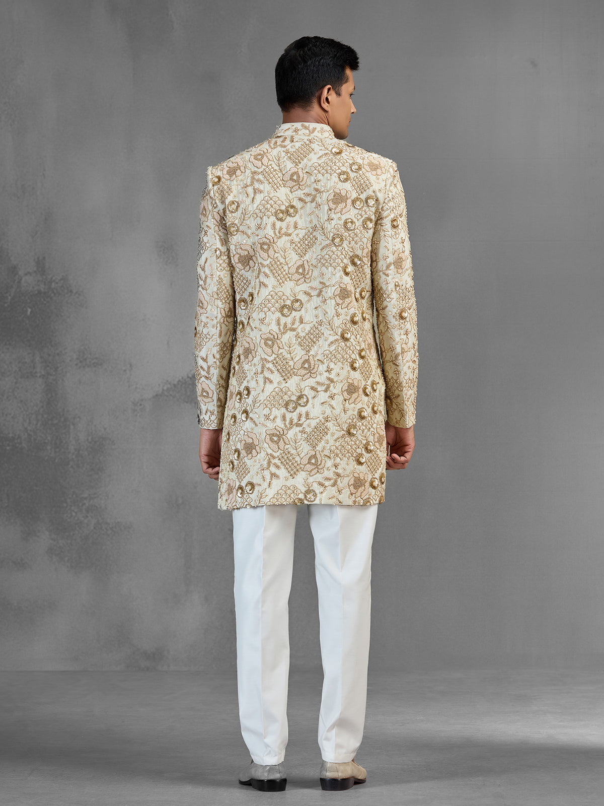 Regal gold raw silk indo western with zardosi detailing