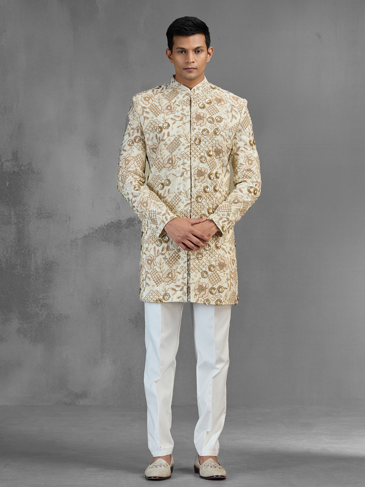 Regal gold raw silk indo western with zardosi detailing