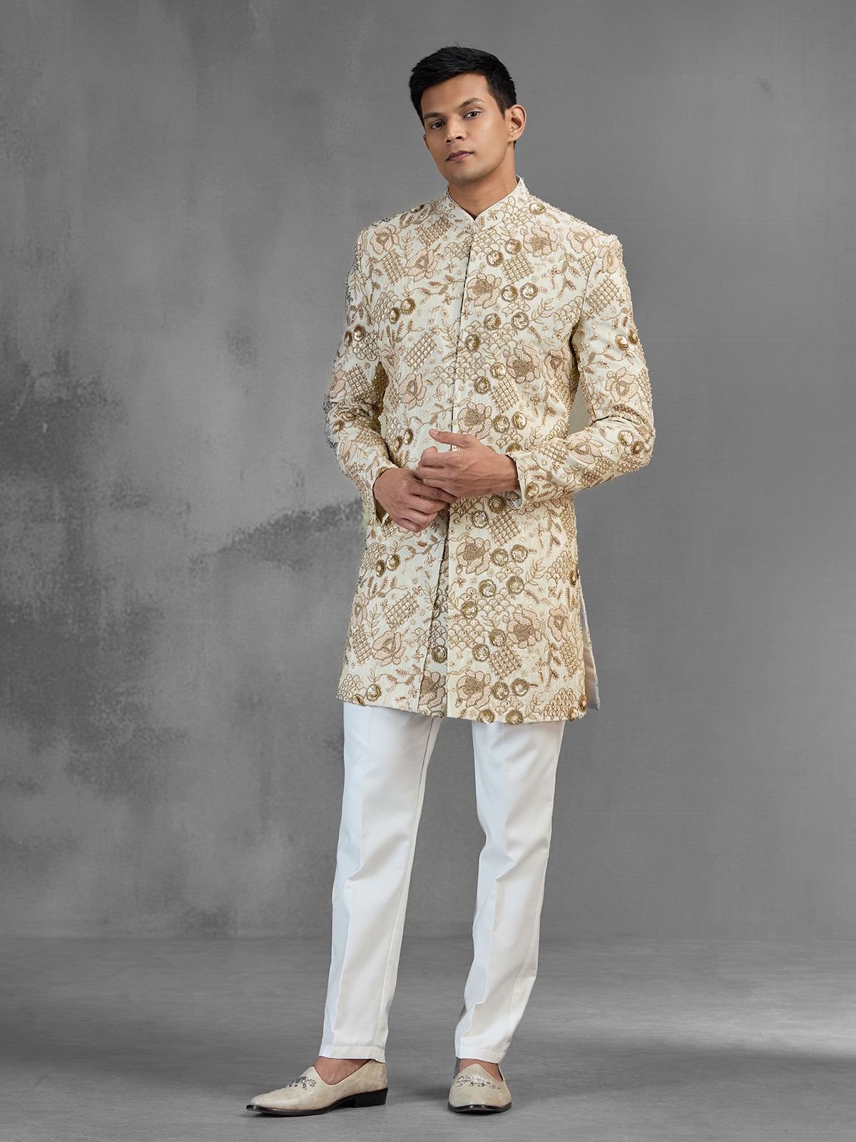 Regal gold raw silk indo western with zardosi detailing
