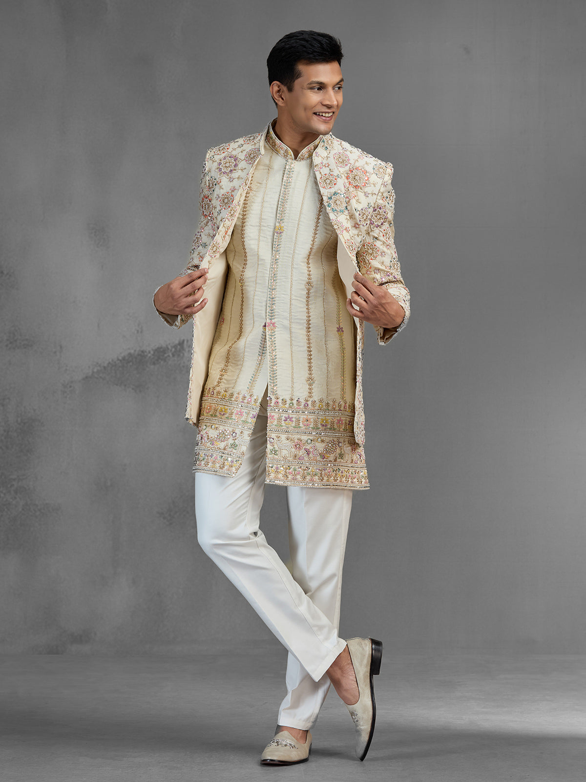 Ivory tussar silk open front indo western with embroidery