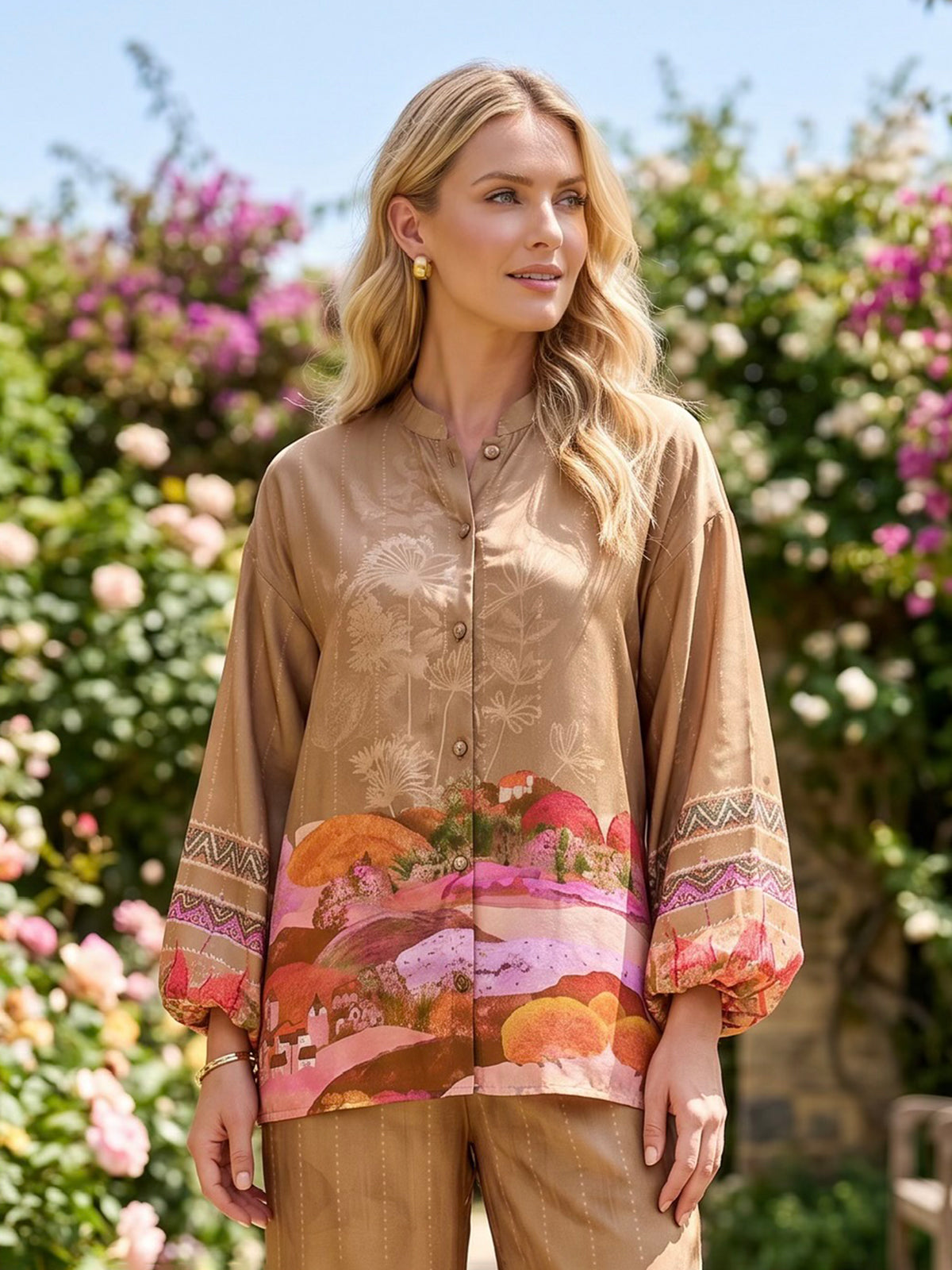 Beige printed cotton silk co ord set for everyday style