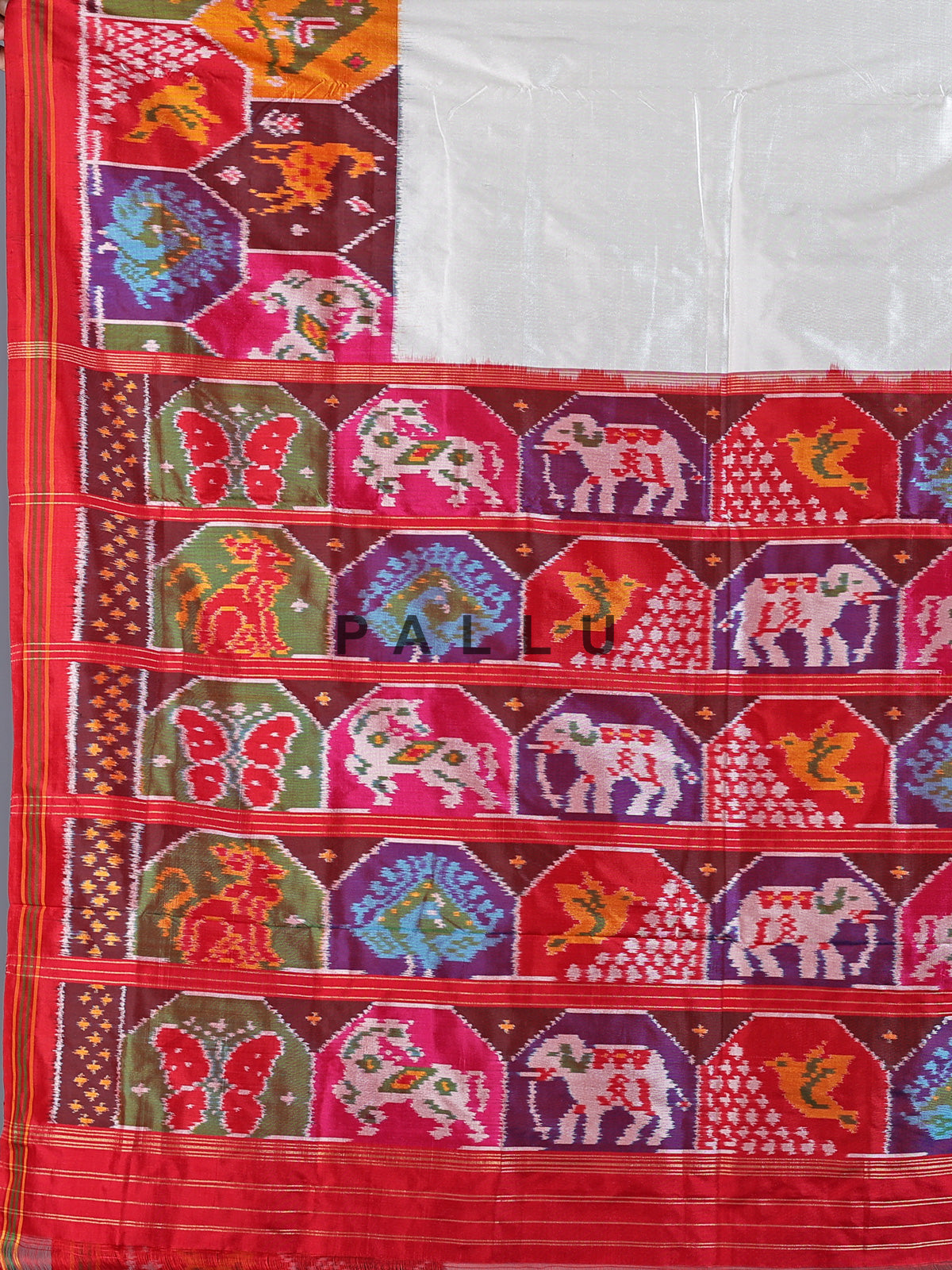 White pure patola silk saree with elephant bird motifs