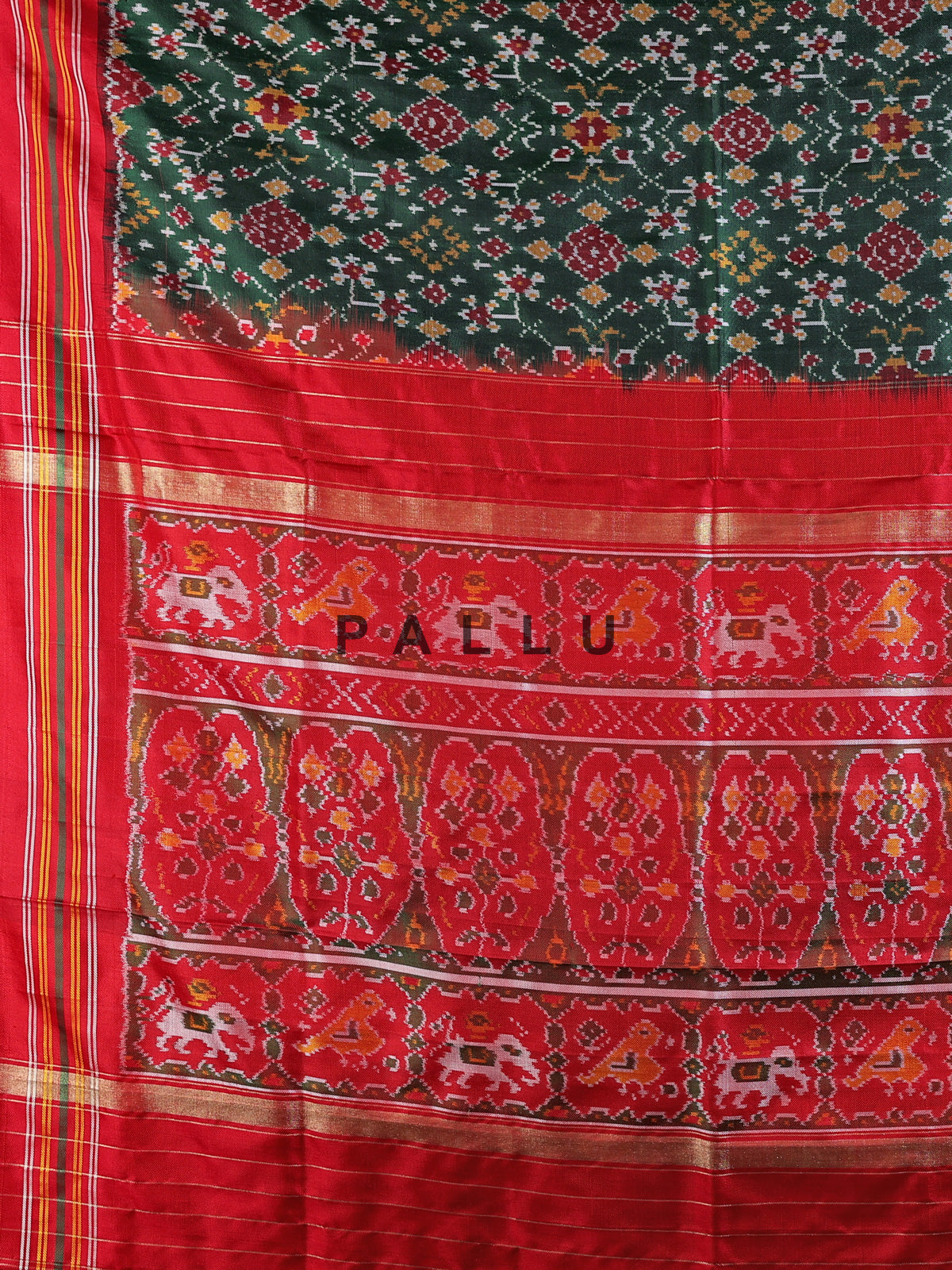 Green pure hyderabadi patola silk saree with elephant bird motif pallu