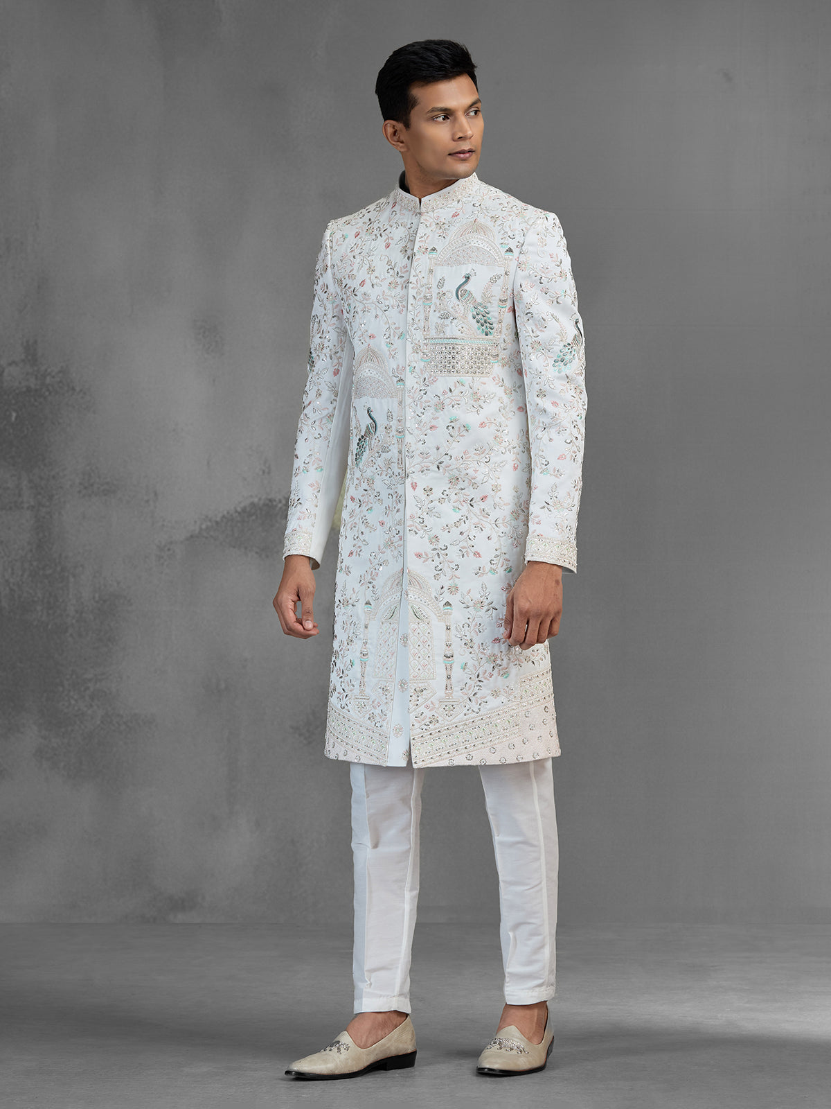 Off white chanderi silk sherwani with peacock motifs