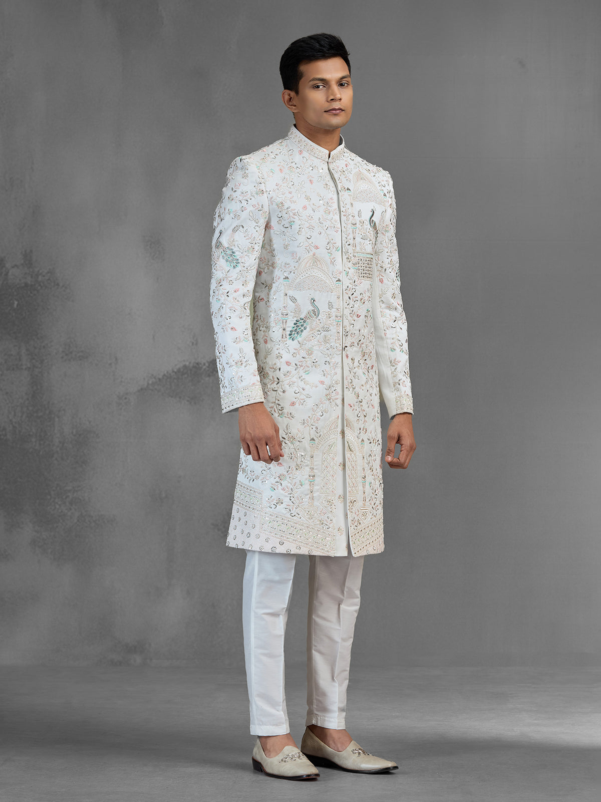 Off white chanderi silk sherwani with peacock motifs