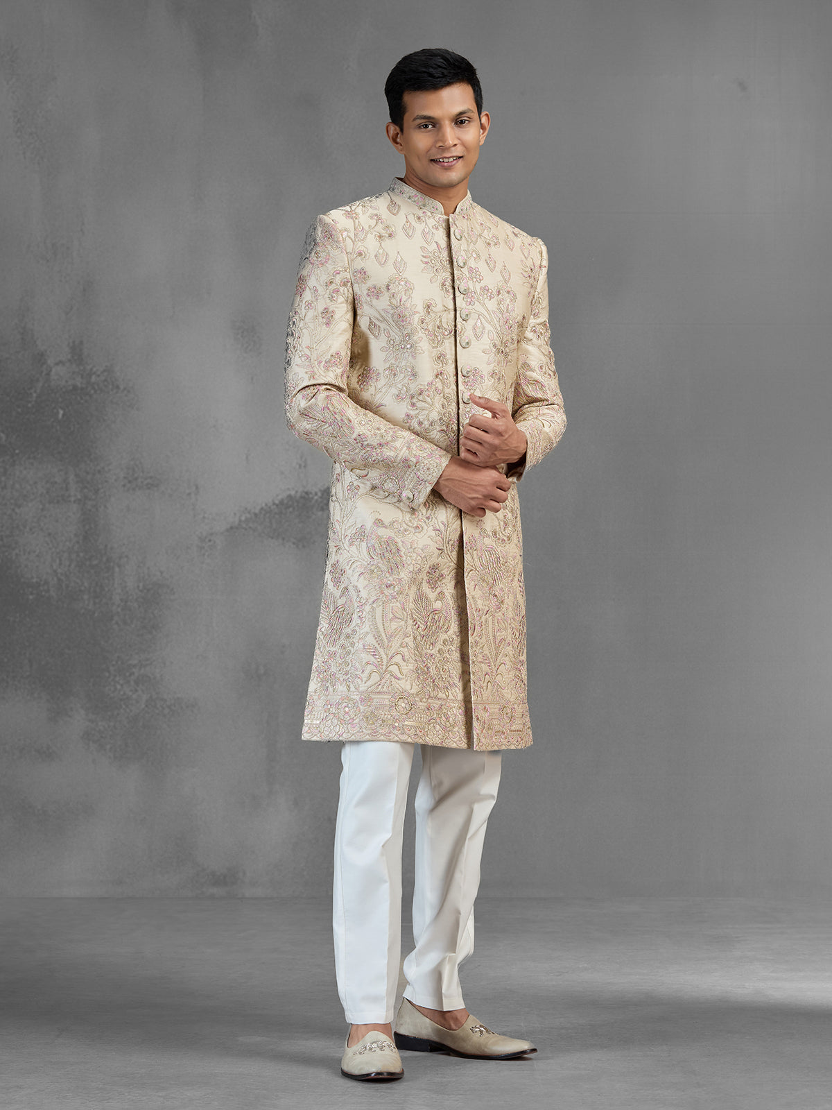 Beige silk sherwani with sequins and resham embroidery