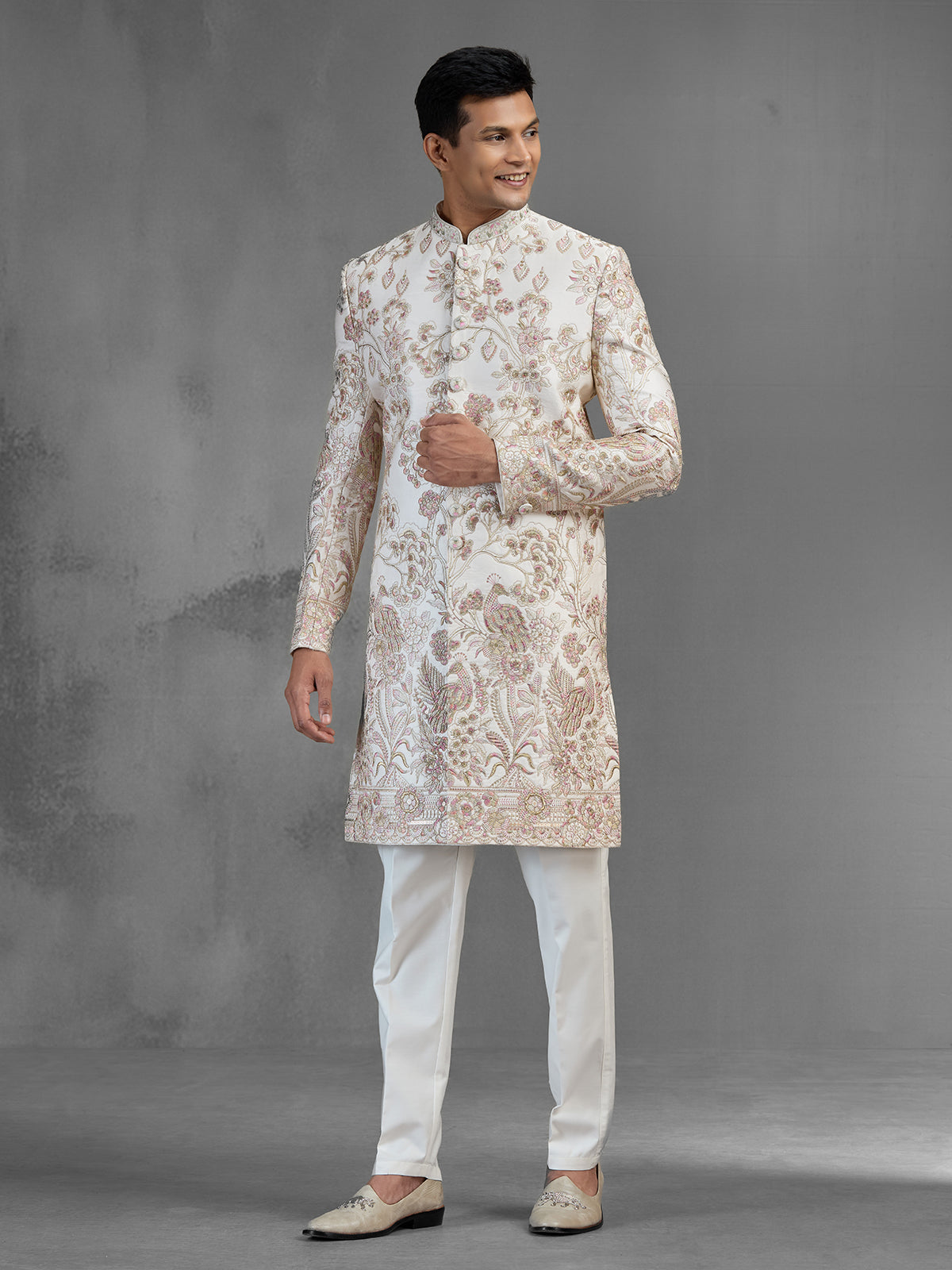 Light peach raw silk sherwani with garden embroidery