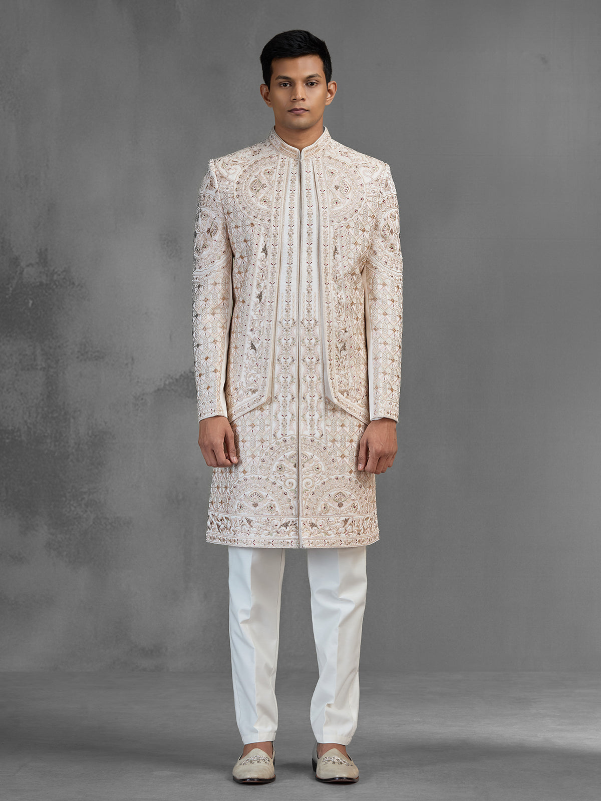 Cream silk open front sherwani with elegant detailing