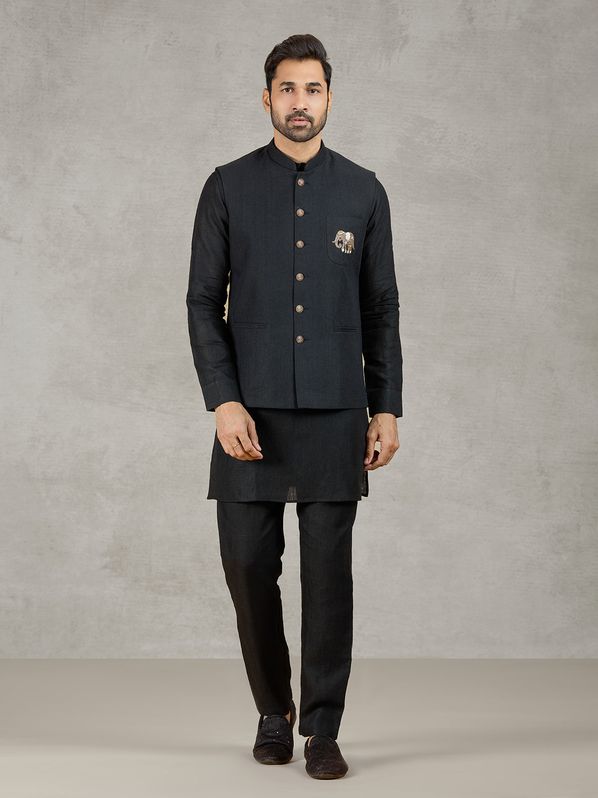 Black linen waistcoat set with zari elephant embroidery