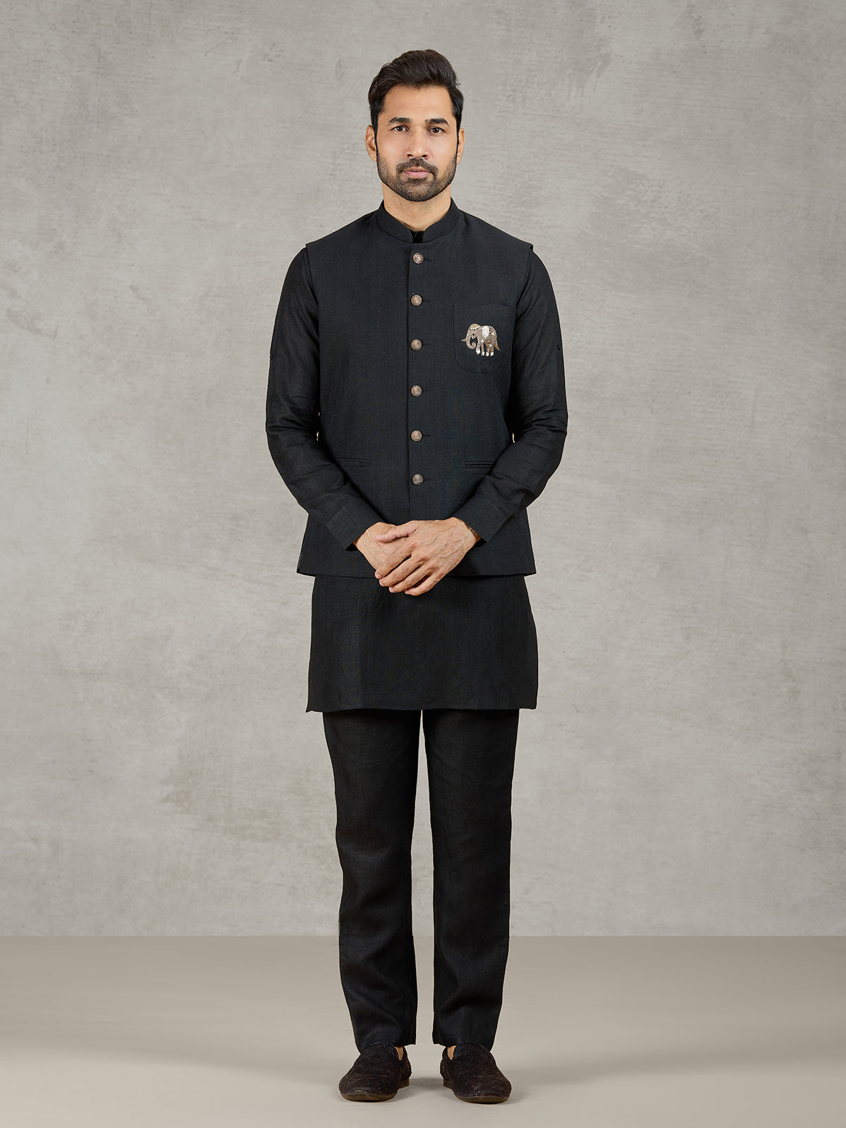 Black linen waistcoat set with zari elephant embroidery