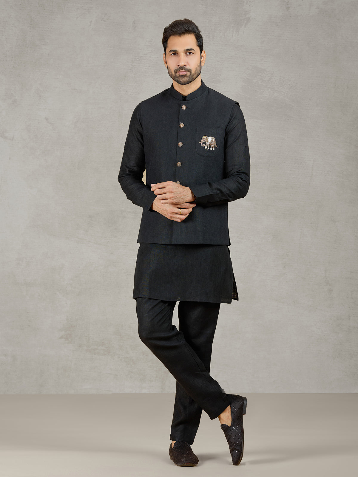 Black linen waistcoat set with zari elephant embroidery