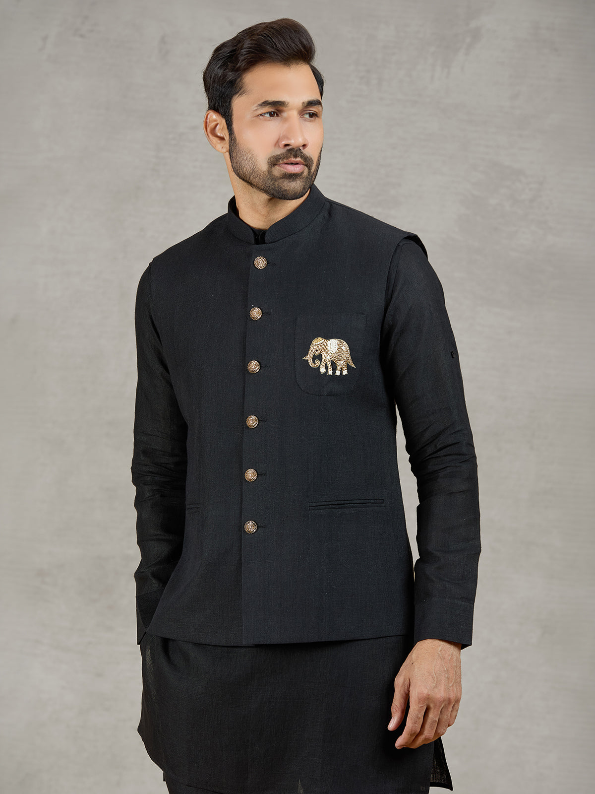 Black linen waistcoat set with zari elephant embroidery