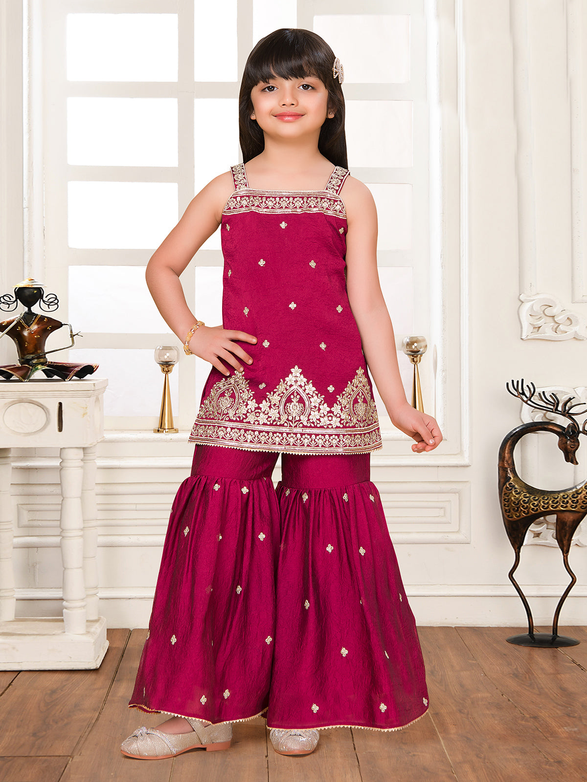 Wine silk pakistani style sharara suit for girls