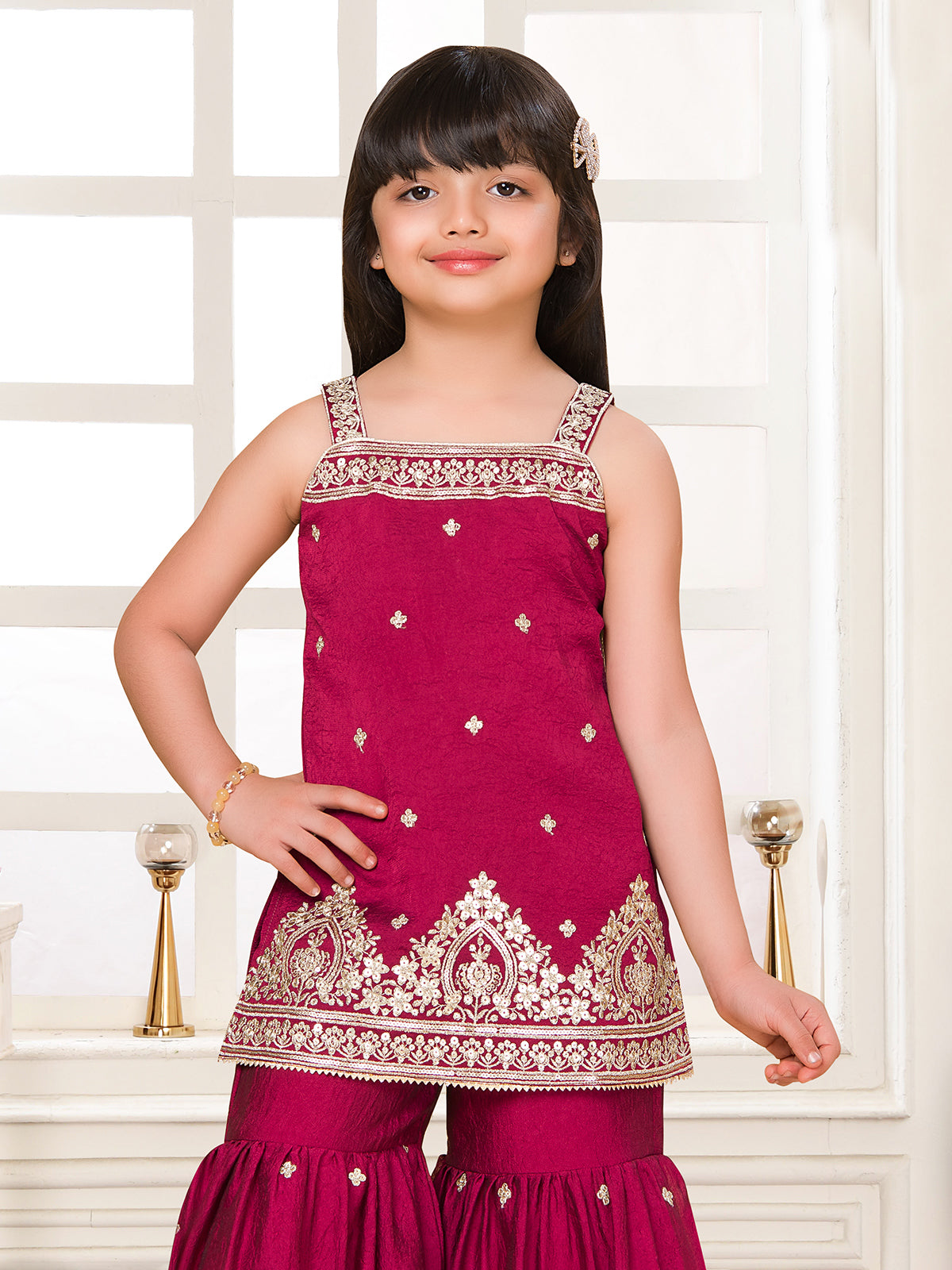 Wine silk pakistani style sharara suit for girls