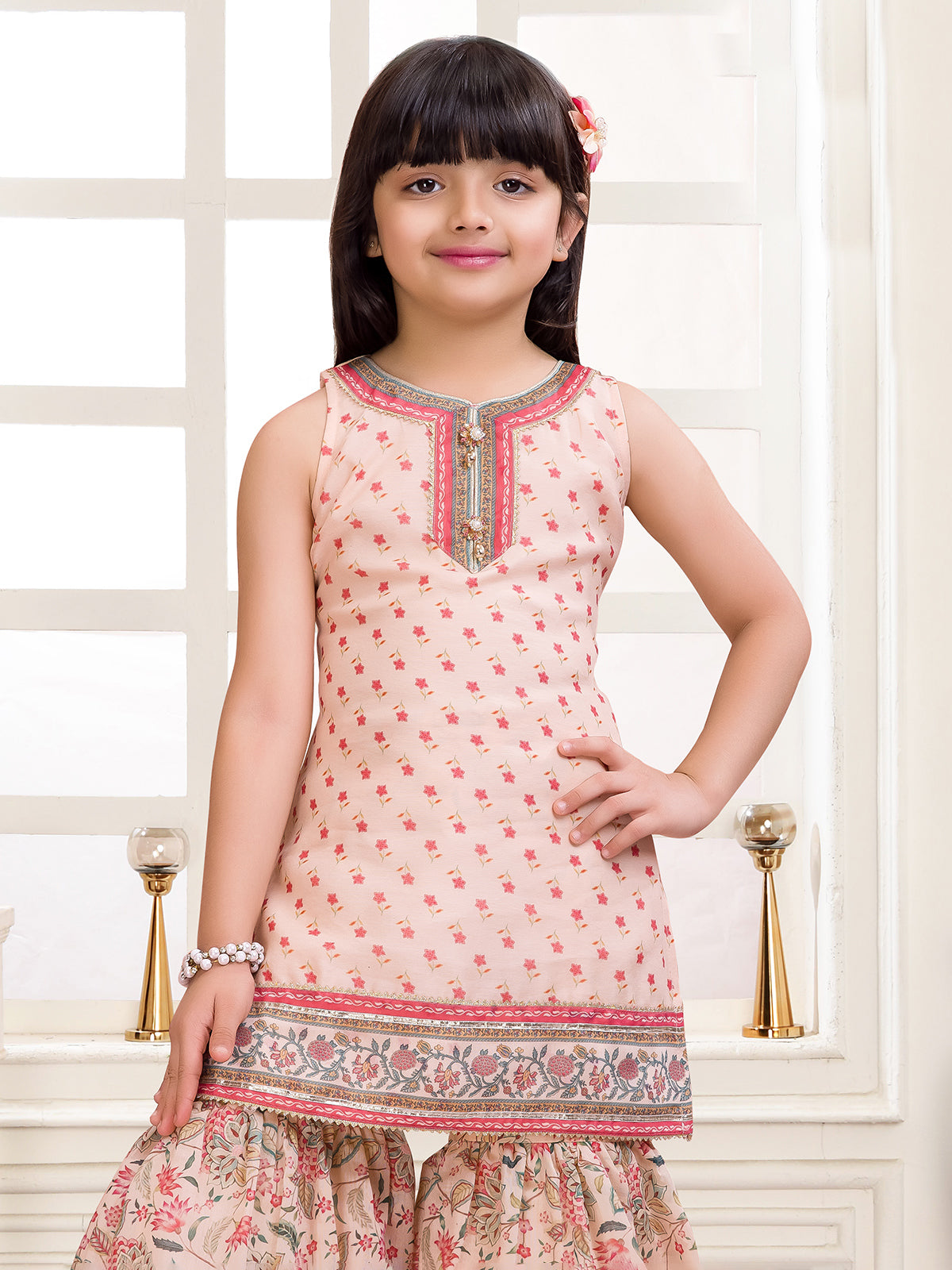 Cream floral sharara suit with gota detailing