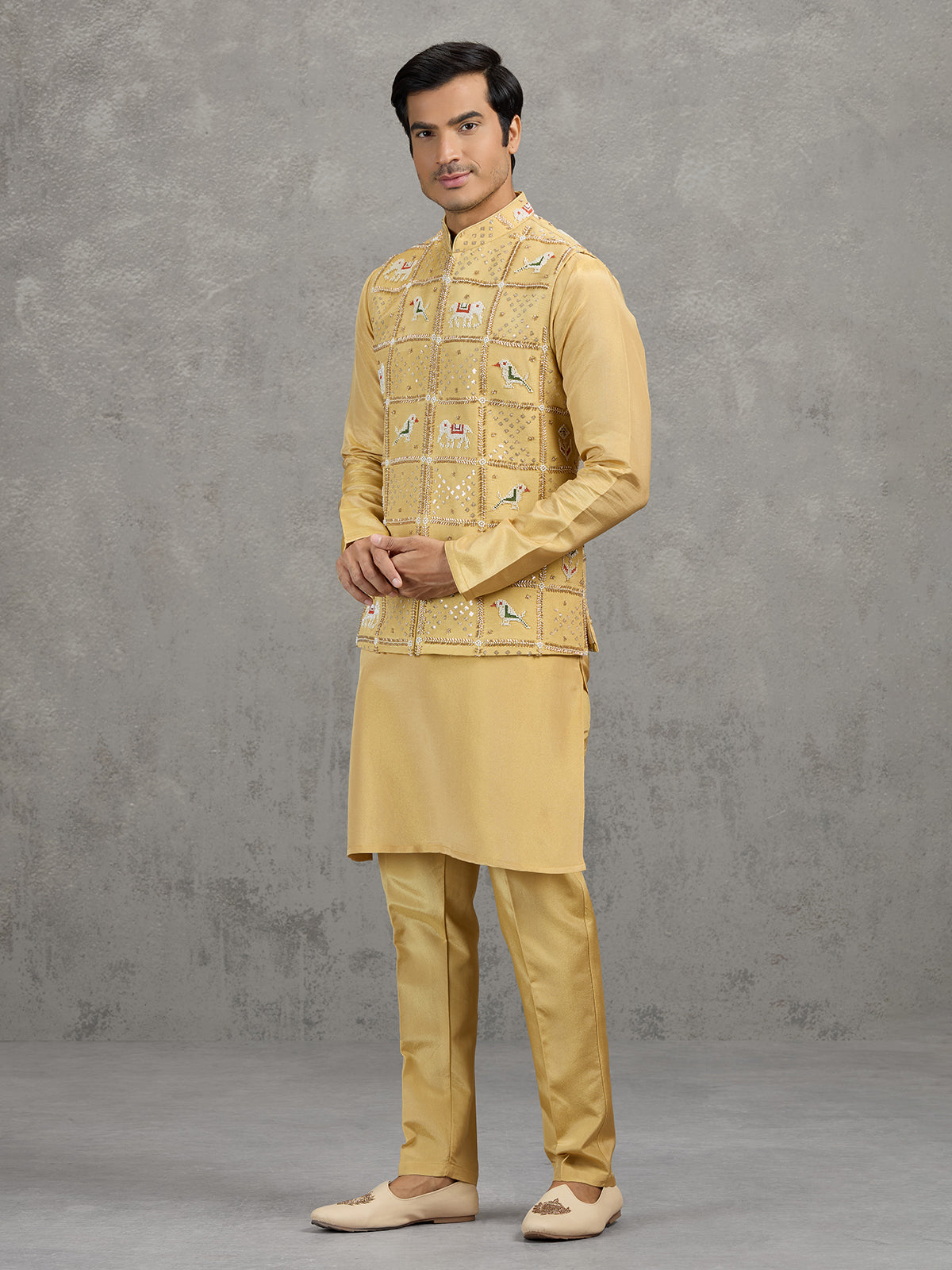 Yellow art silk embroidered waistcoat set