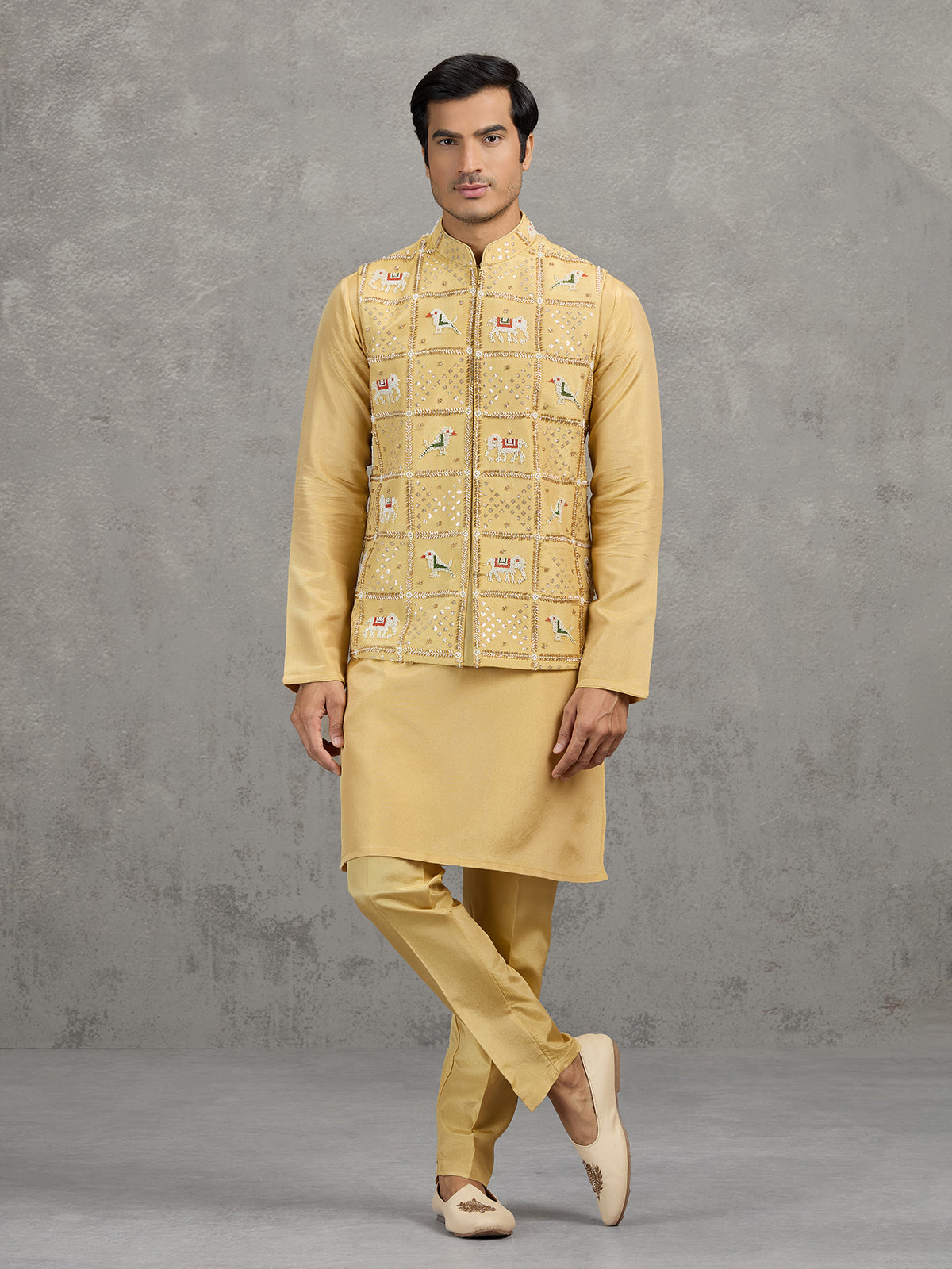 Yellow art silk embroidered waistcoat set