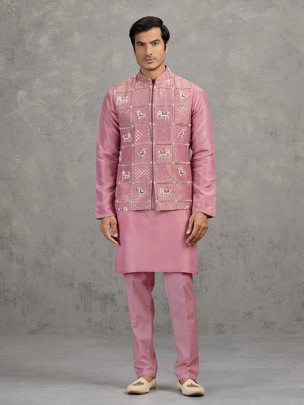 Onion pink art silk waistcoat set