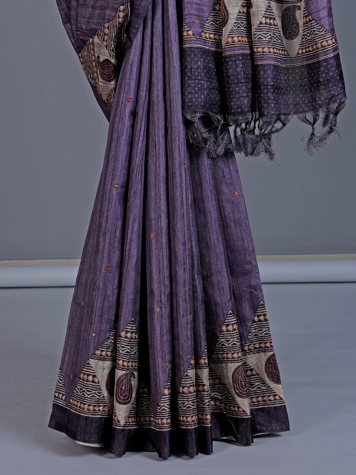 Purple cotton silk saree with printed sequin design