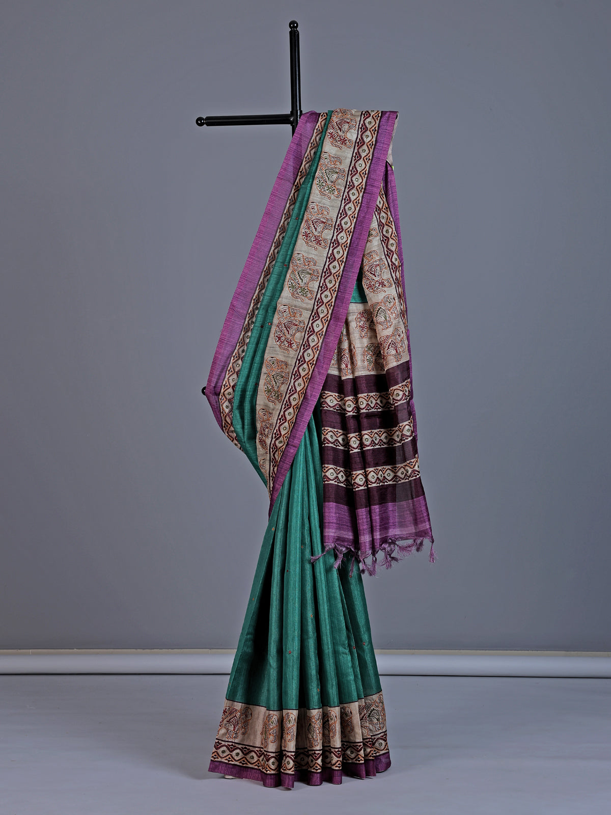 Peacock green cotton silk saree with elephant motifs