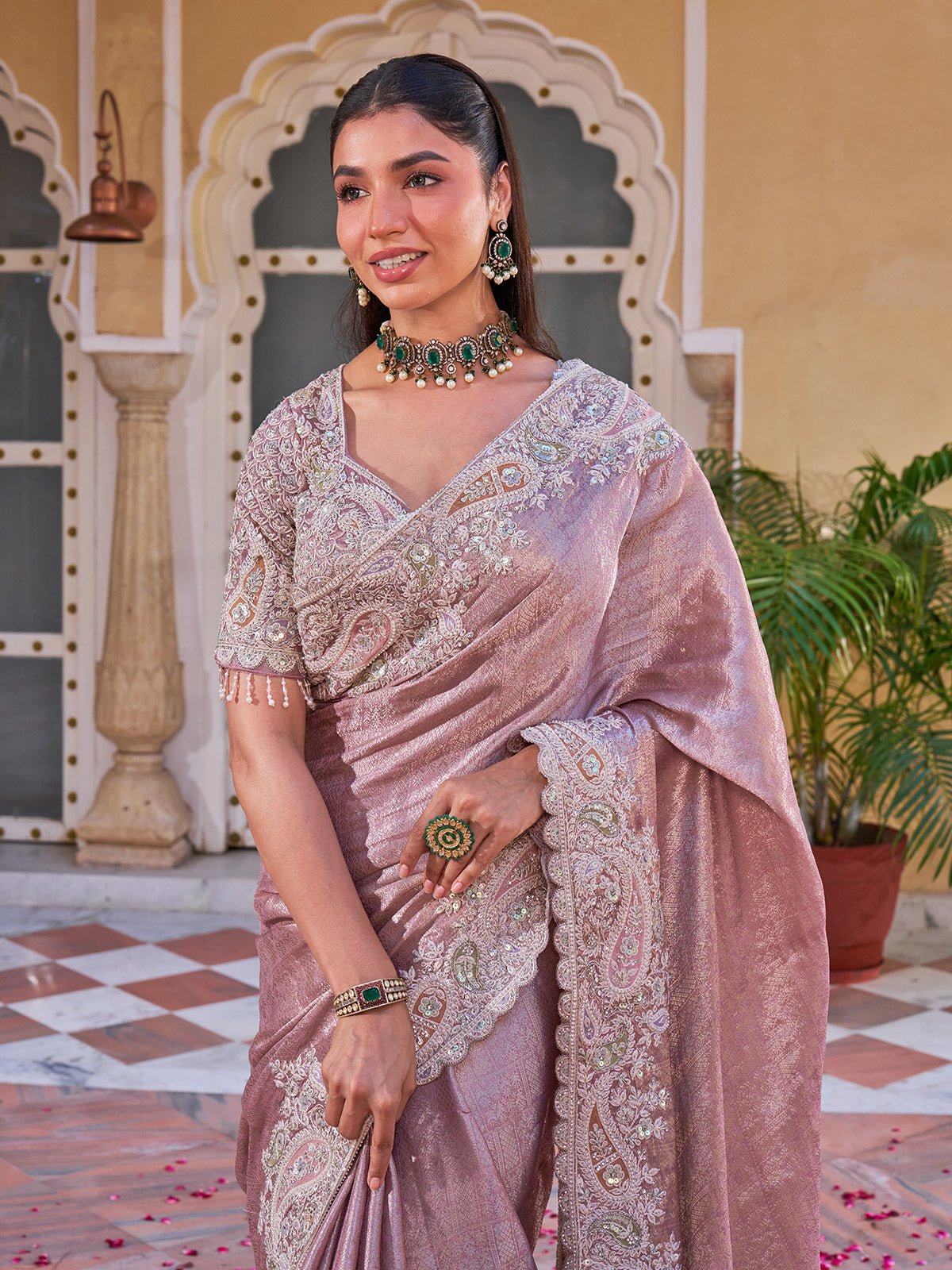 Mauve shimmer tissue silk saree with sequin jaal embroidery