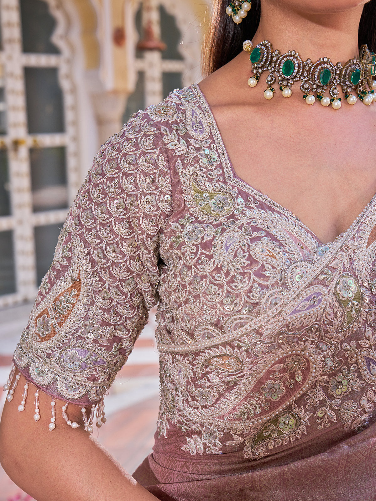 Mauve shimmer tissue silk saree with sequin jaal embroidery