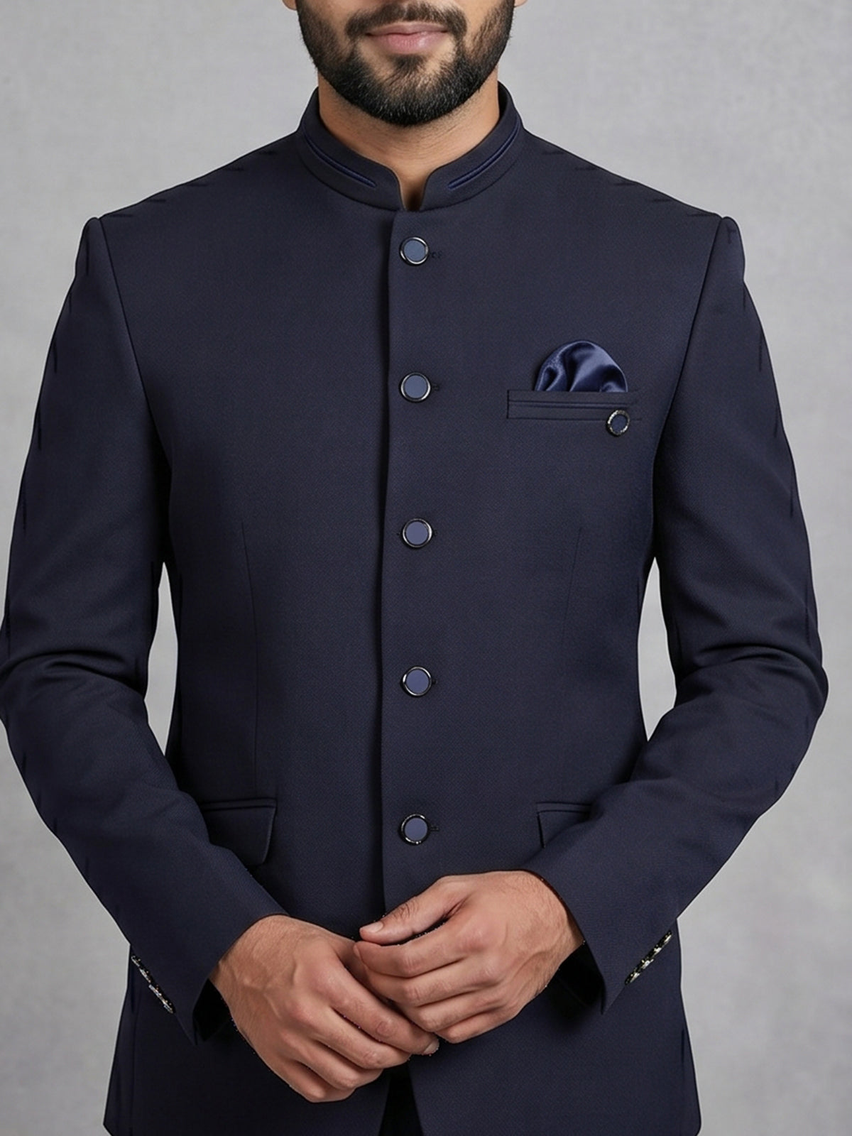 Navy terry rayon Jodhpuri blazer for weddings