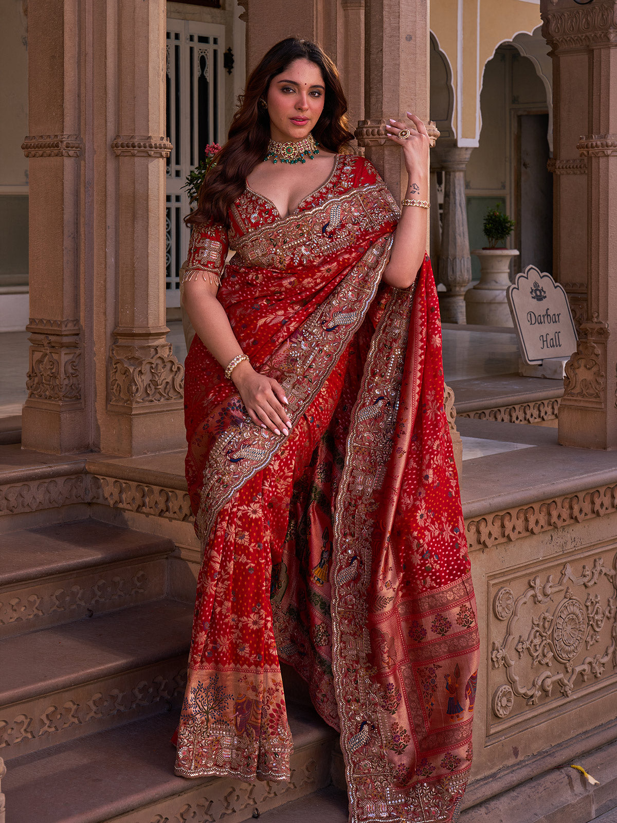 Scarlet red silk georgette saree with bandhani zari pallu
