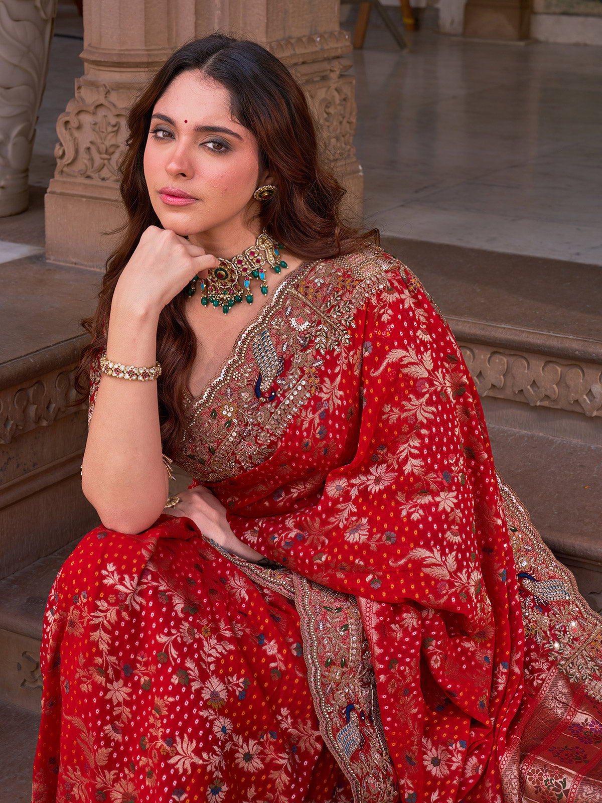 Scarlet red silk georgette saree with bandhani zari pallu