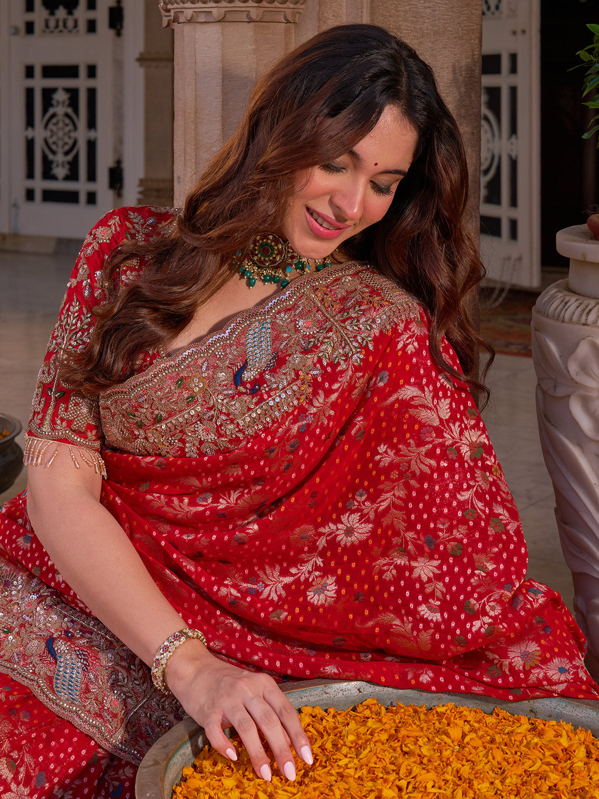 Scarlet red silk georgette saree with bandhani zari pallu