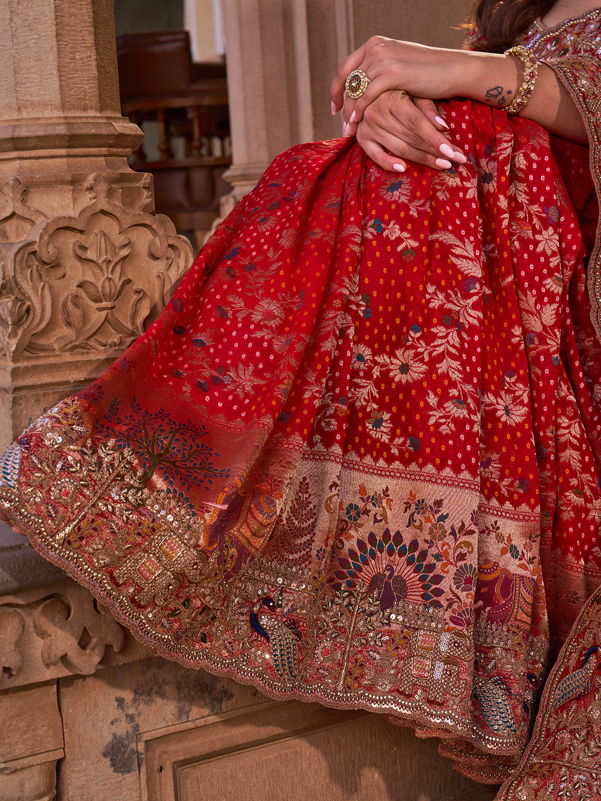 Scarlet red silk georgette saree with bandhani zari pallu