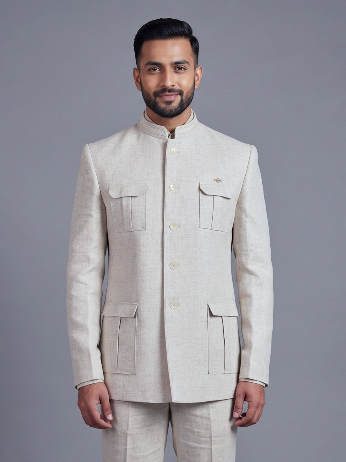 Beige linen silk textured blazer for men