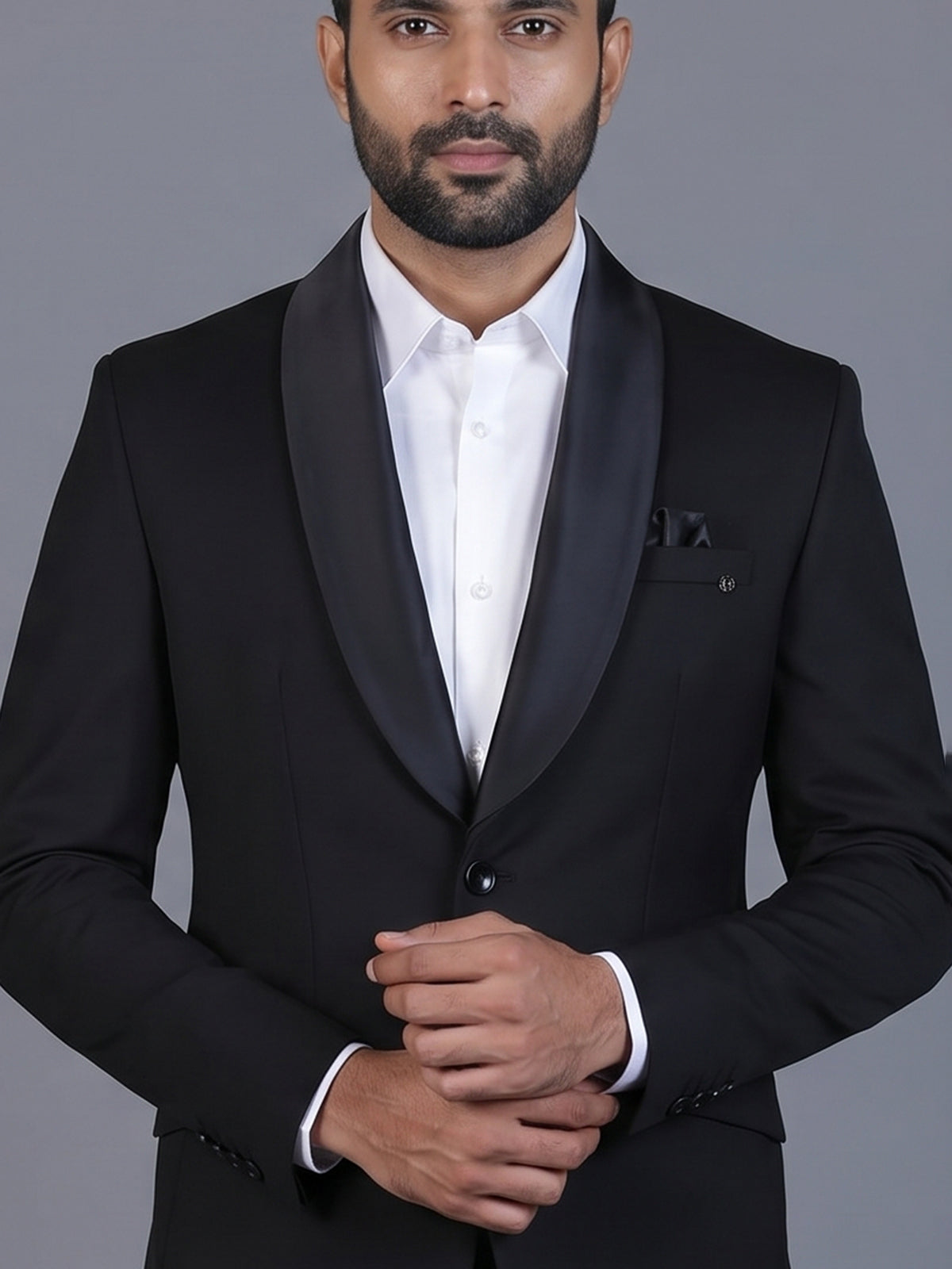 Black solid terry rayon blazer for formal wear