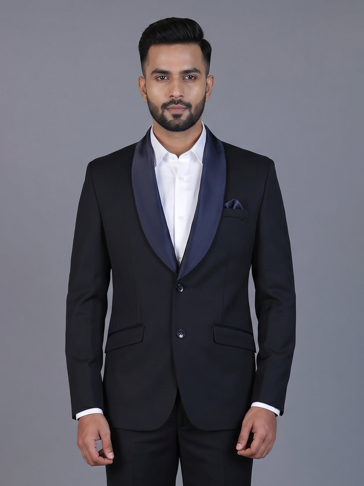 Navy solid terry rayon blazer for formal occasions