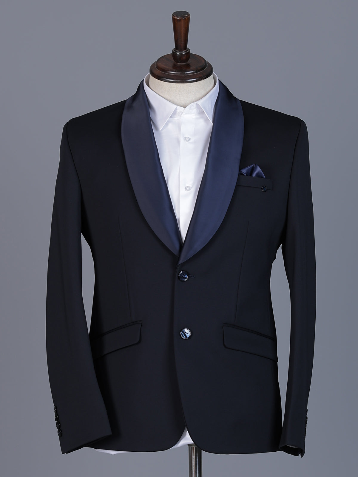 Navy solid terry rayon blazer for formal occasions