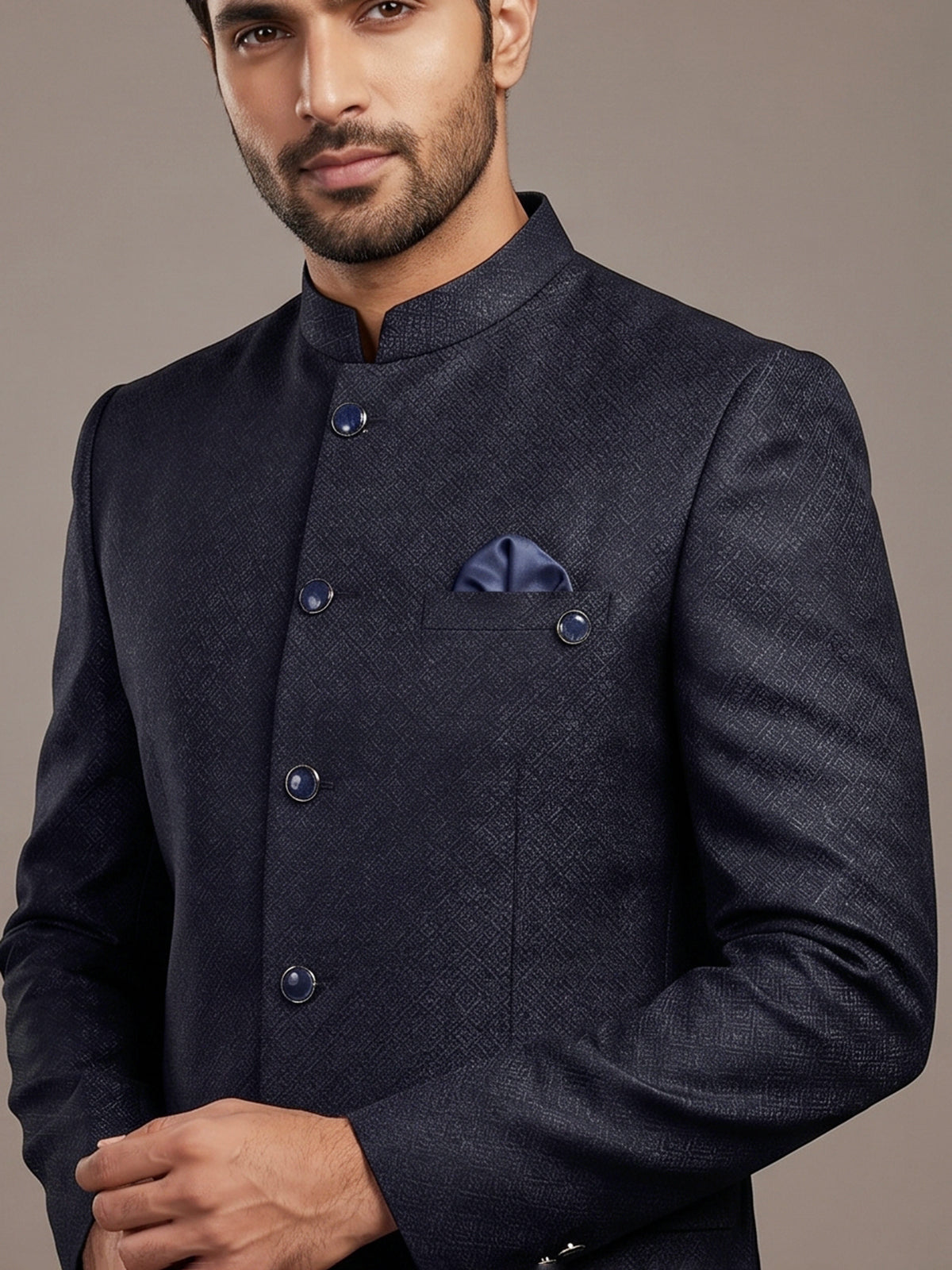 Navy jacquard textured Jodhpuri blazer for men