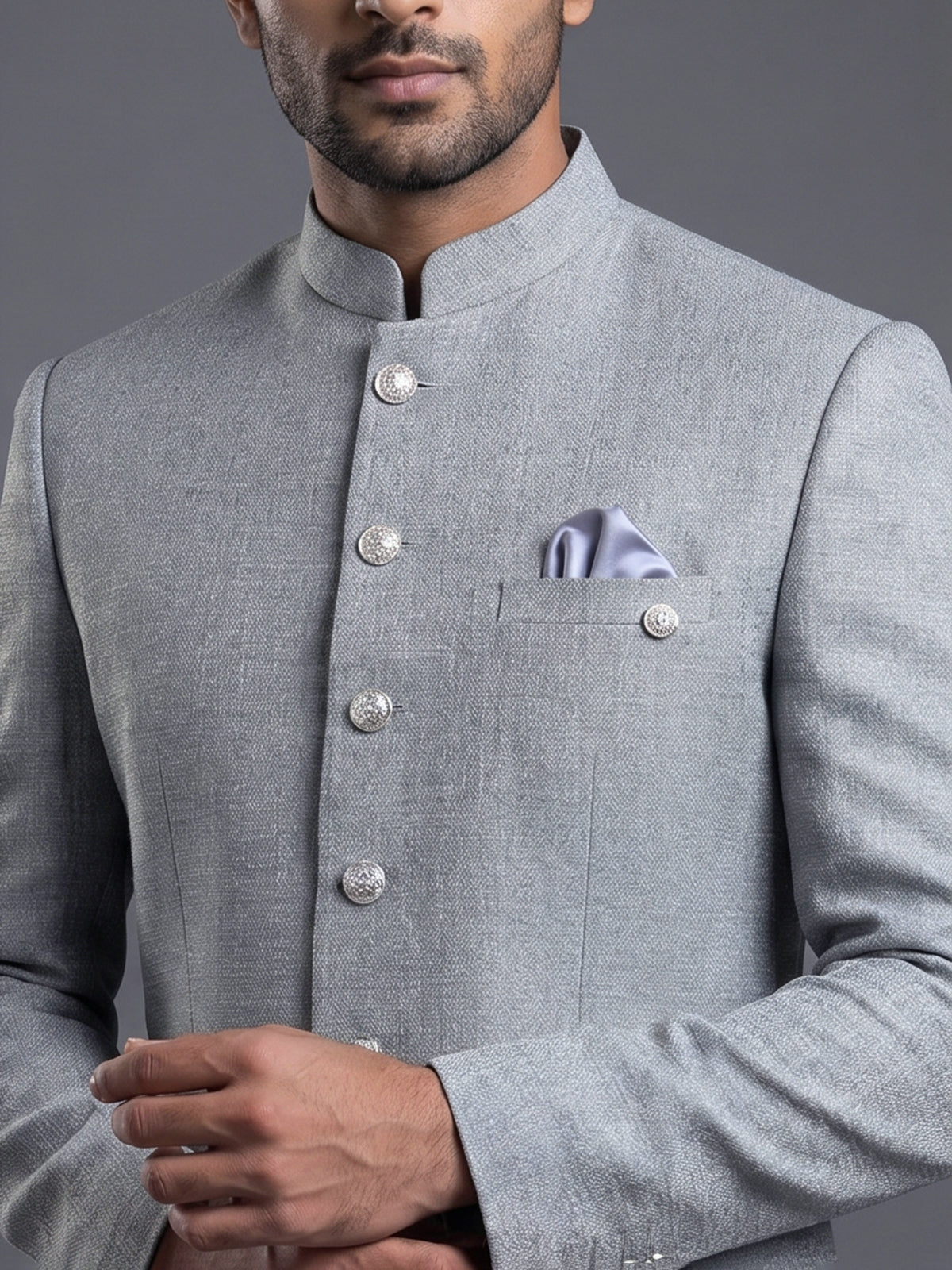 Grey linen silk blazer for reception wear