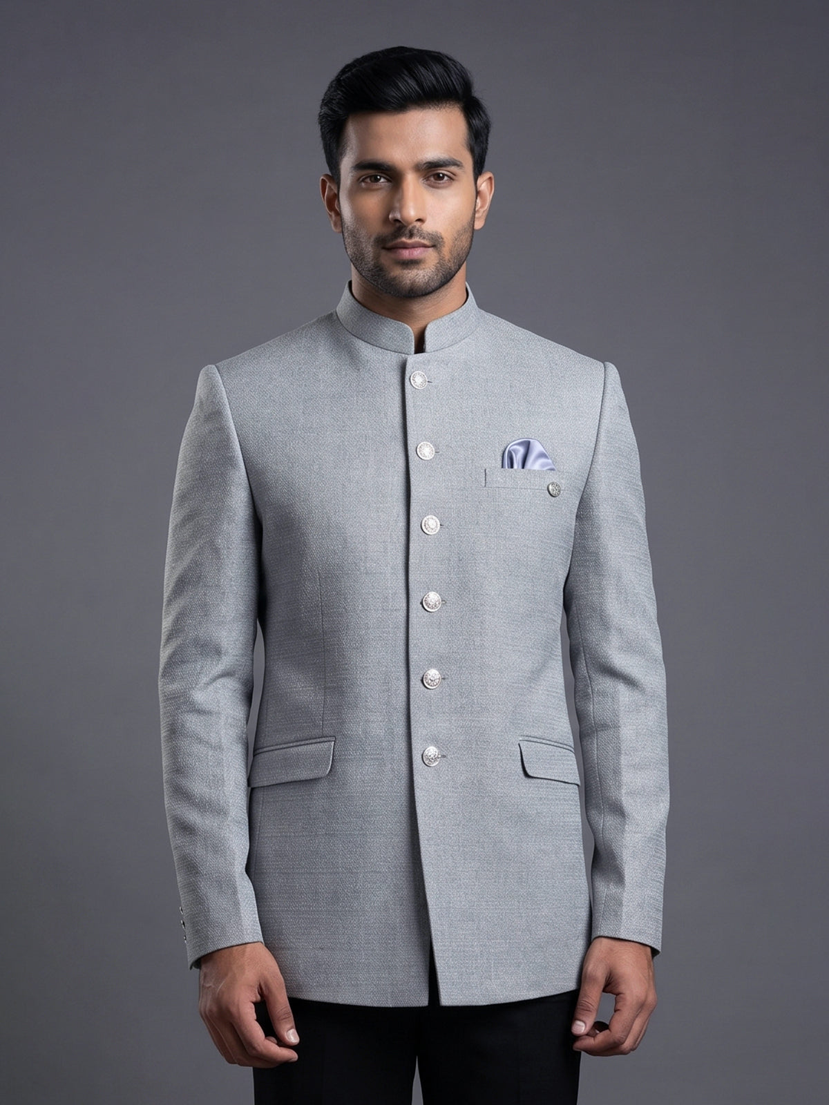 Grey linen silk blazer for reception wear