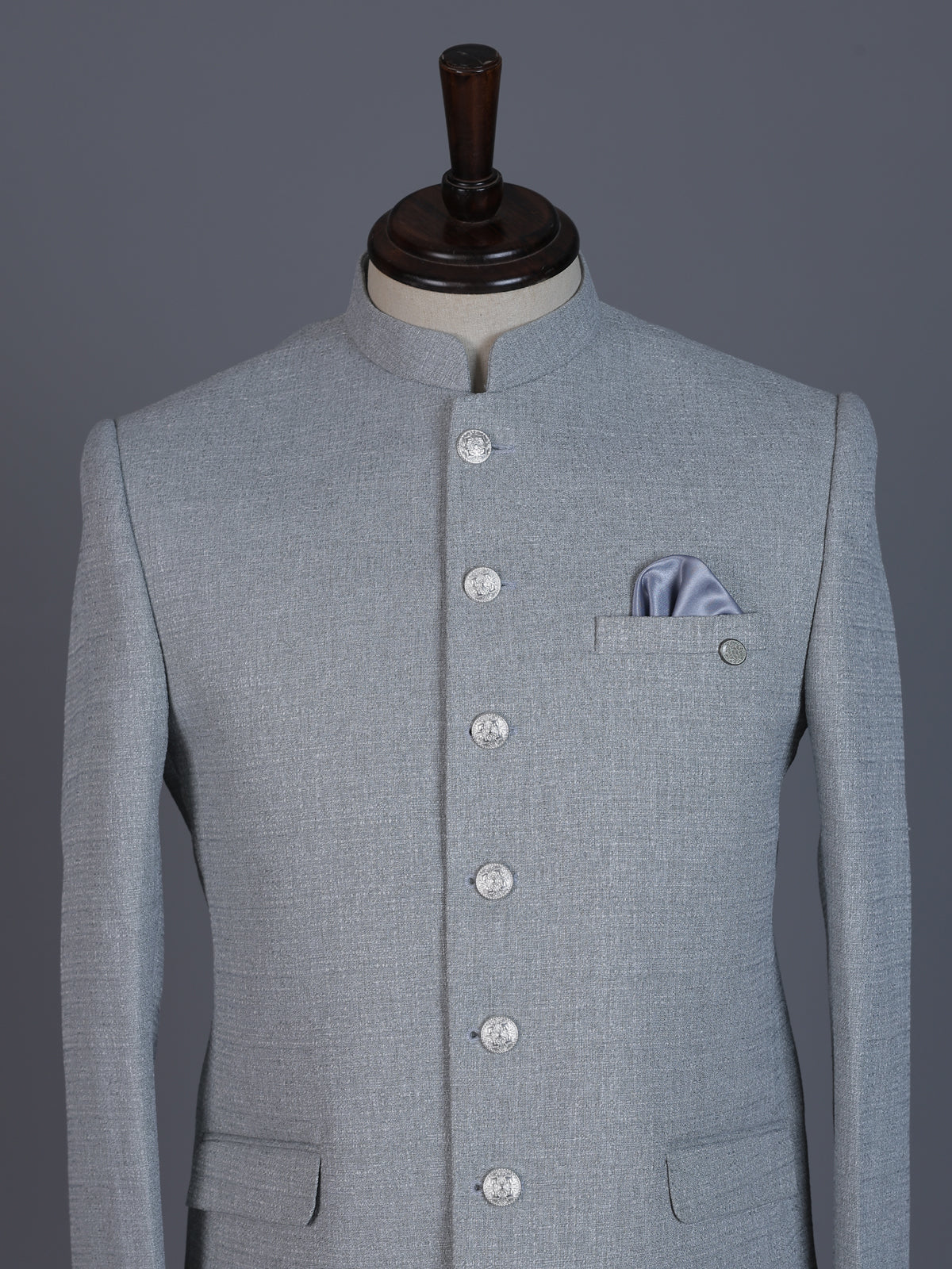 Grey linen silk blazer for reception wear