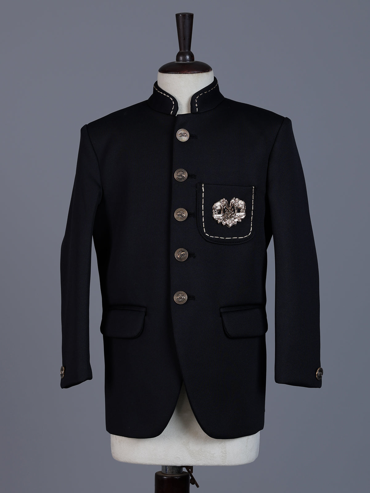 Black polyester viscose jodhpuri suit with brooch
