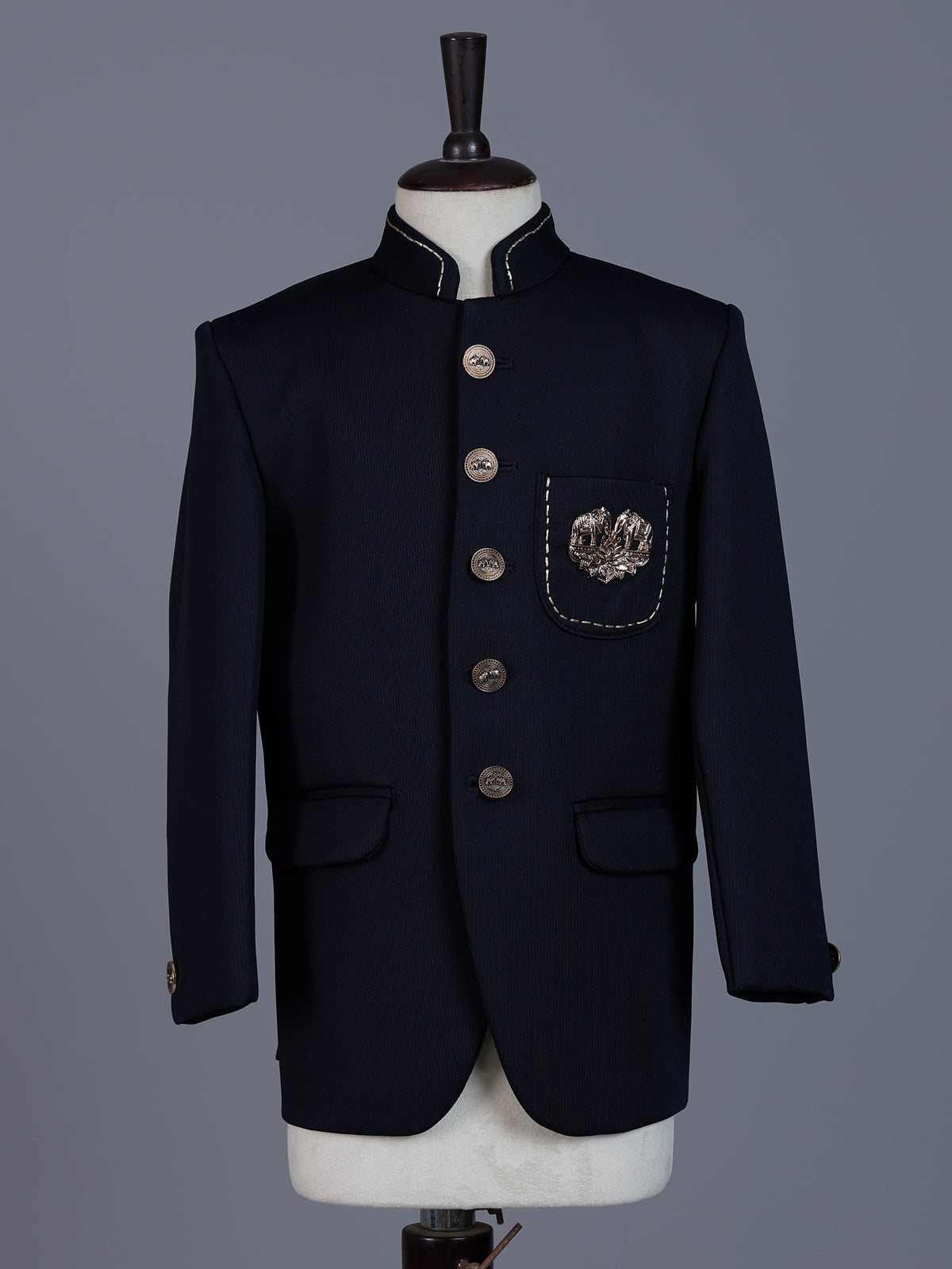 Navy polyester viscose jodhpuri suit with brooch
