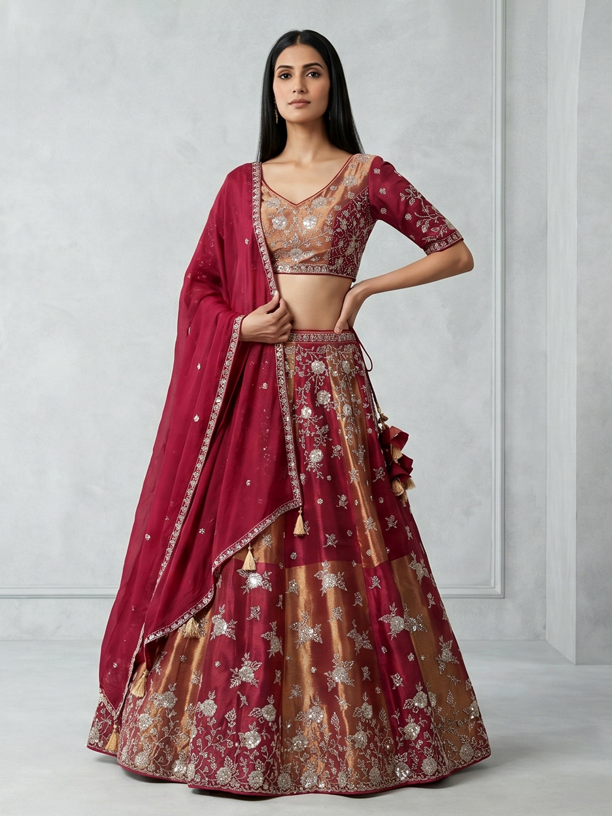 Magenta crepe silk lehenga choli with cutdana highlights