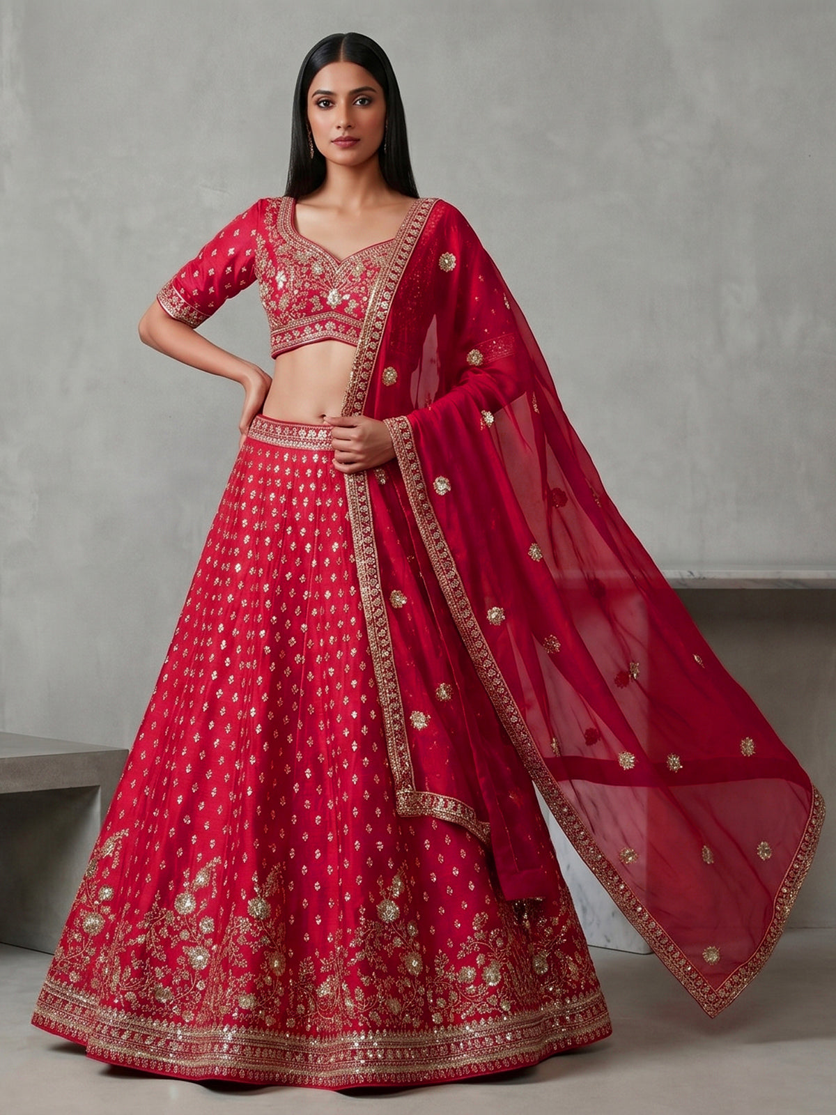 Magenta silk lehenga choli with detailed cutdana work