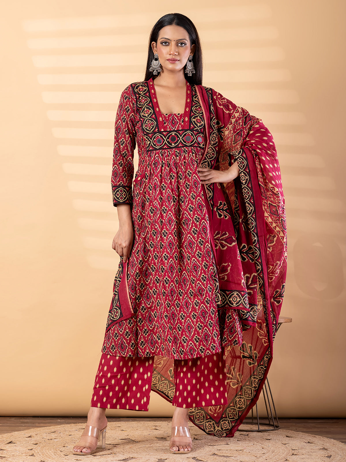 Maroon cotton printed kurti set with dupatta